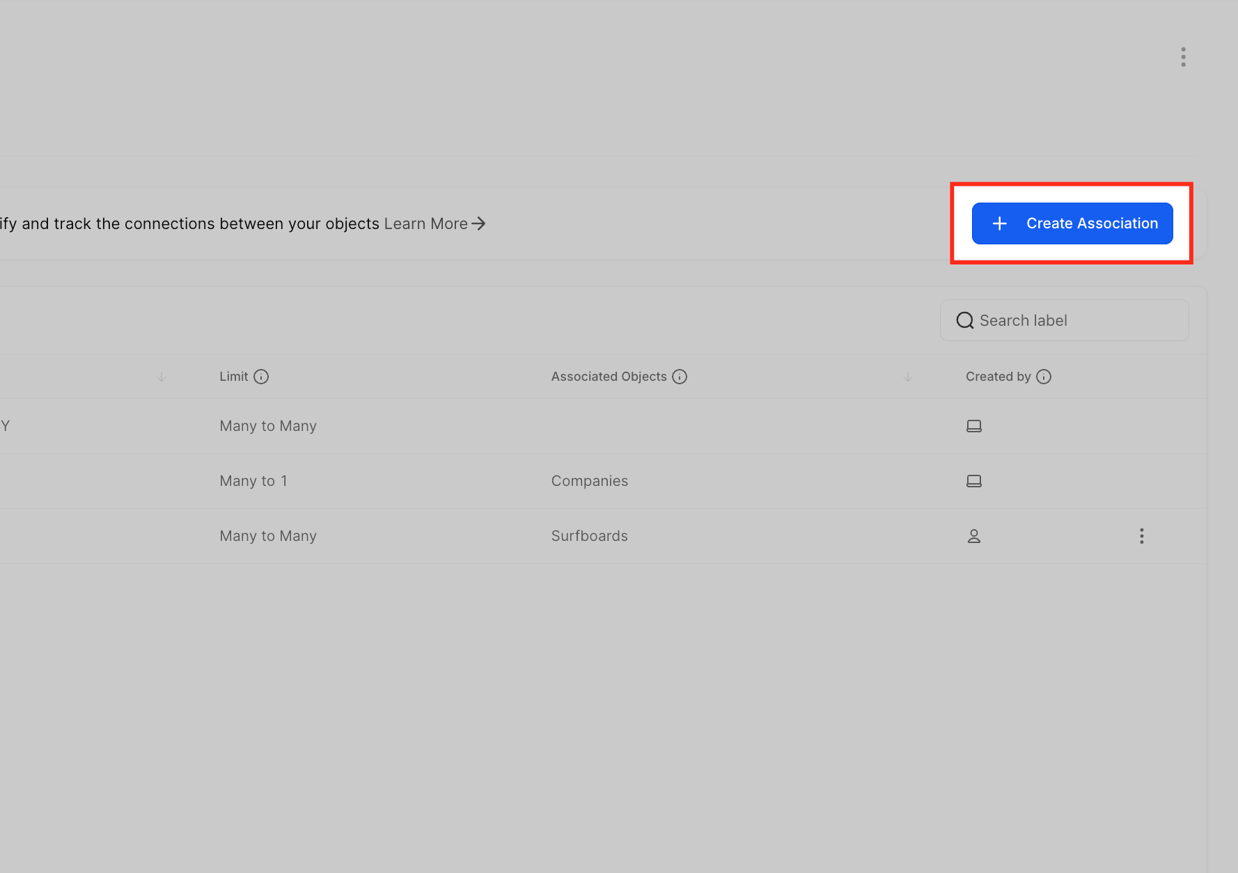 Associations page showing the Create Association button