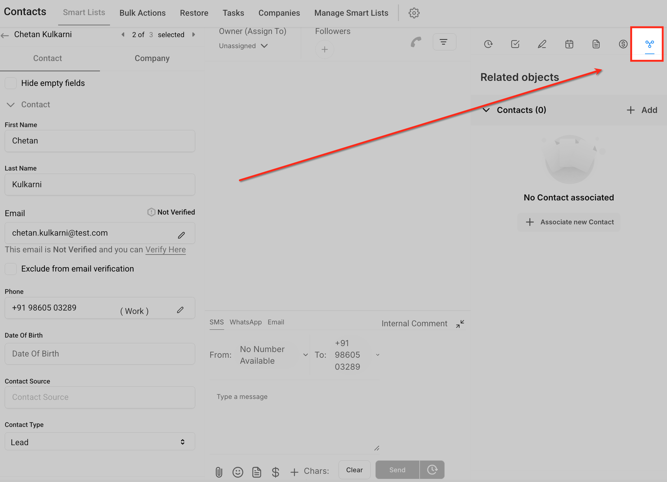 Contact record showing the Related Objects and association area