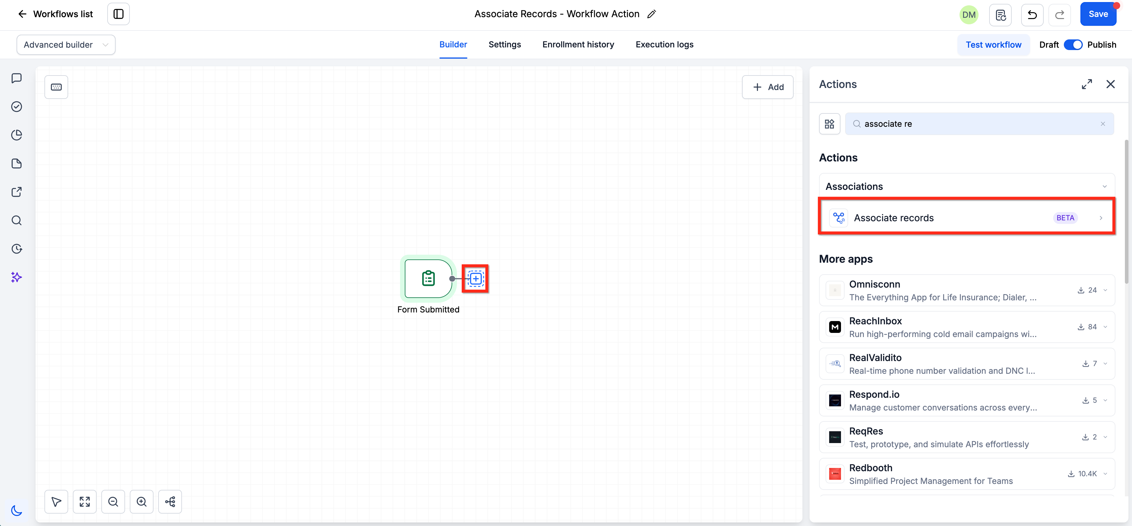Workflow builder showing the Associate Records action