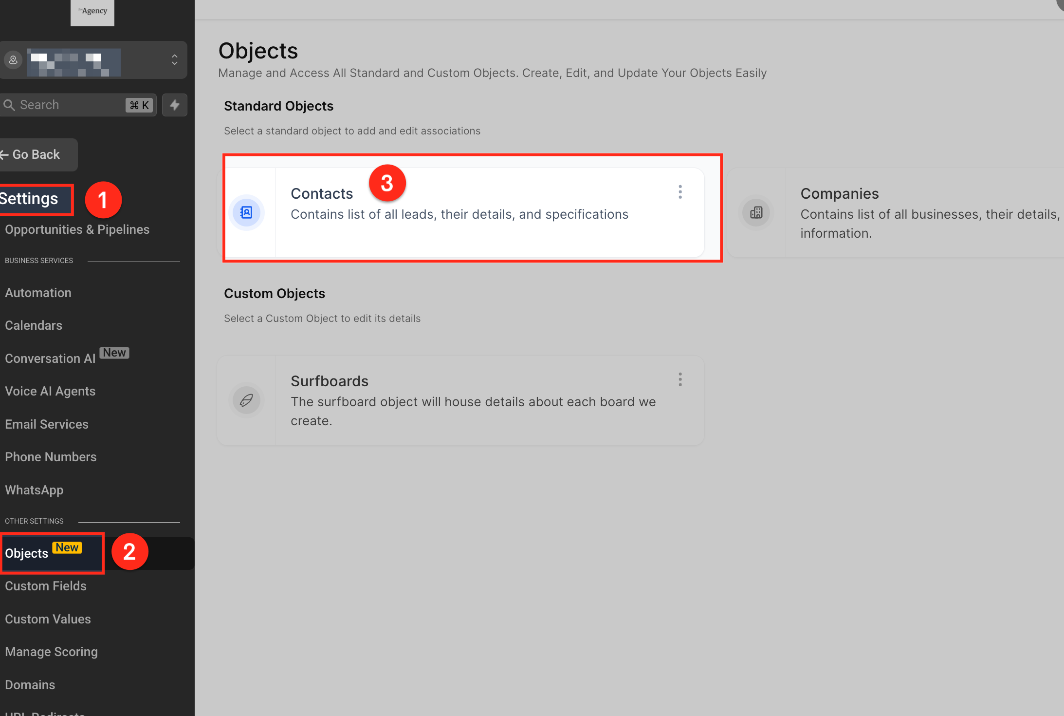 Settings Objects page showing the Contacts object