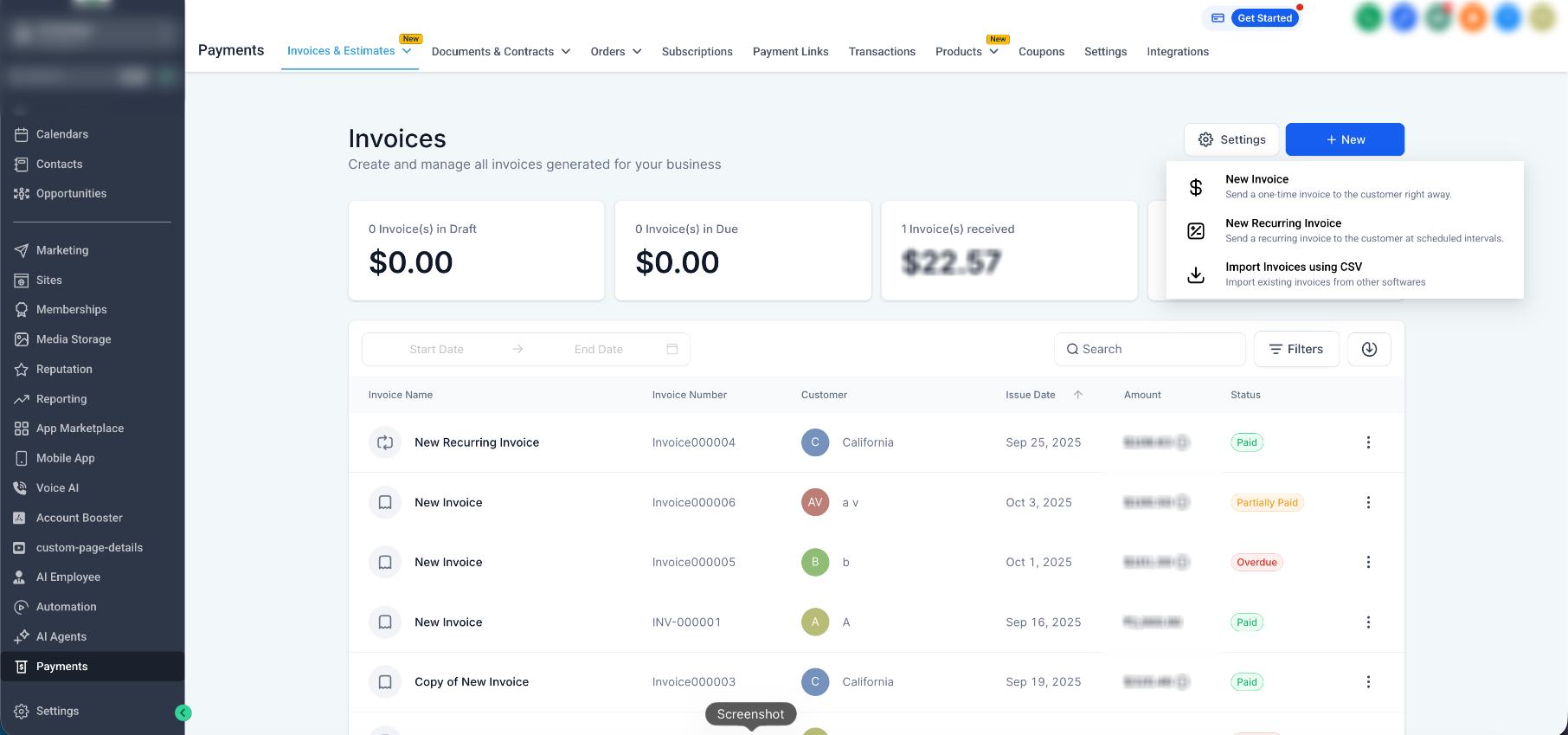 Invoices page showing the New menu with New Invoice and New Recurring Invoice options