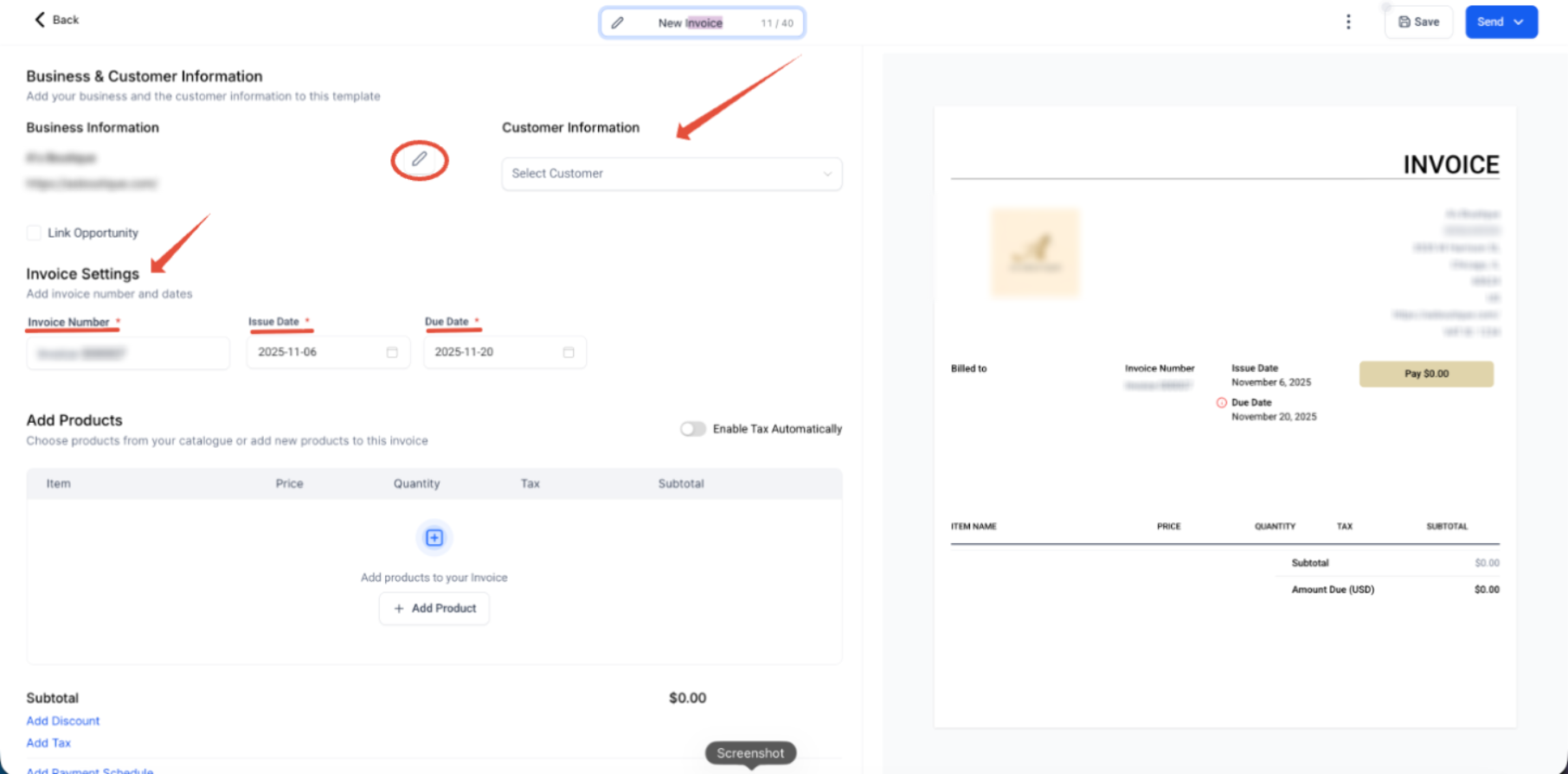 Invoice editor showing business information, customer selection, invoice number, issue date, and due date
