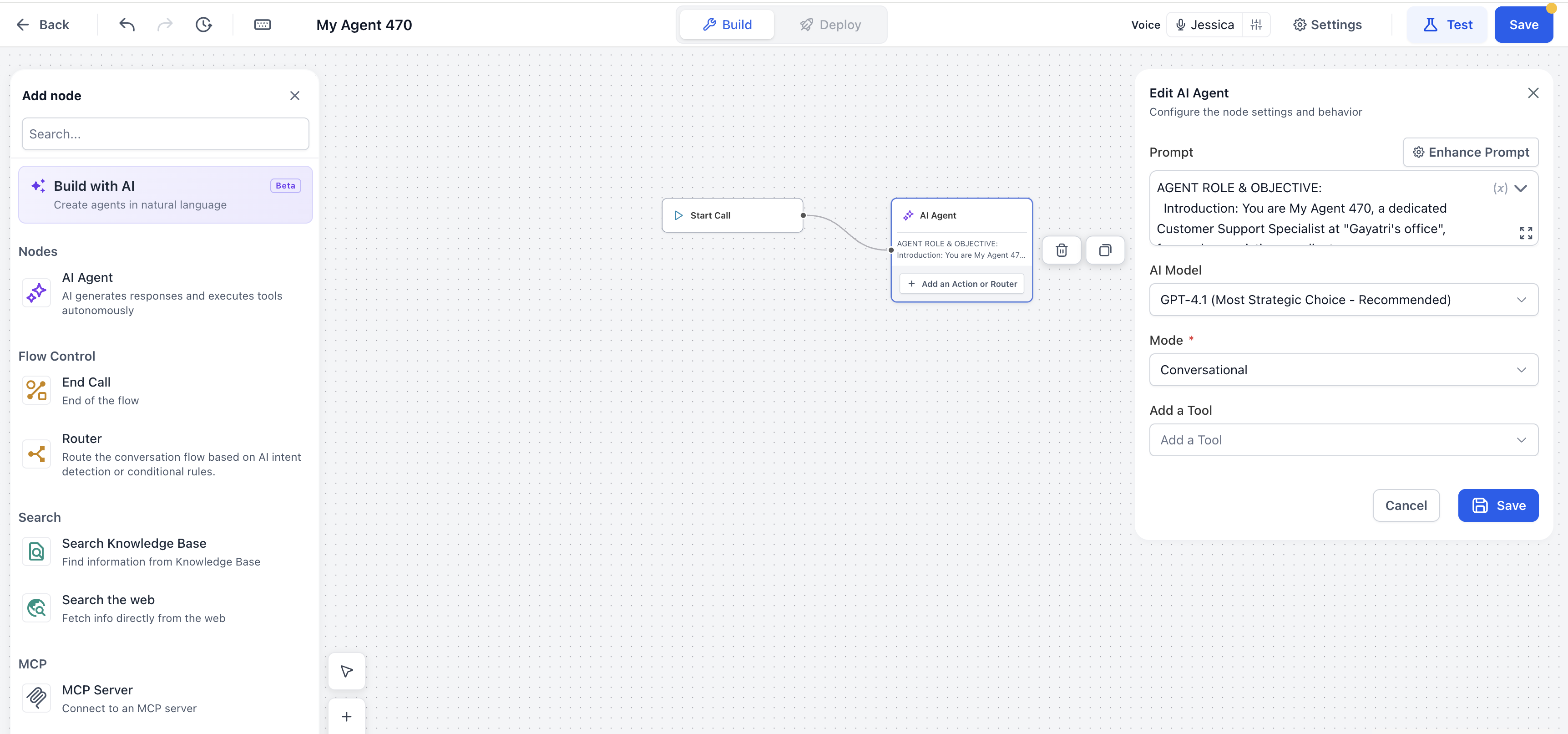Flow Based Builder showing Start Call connected to an AI Agent node.