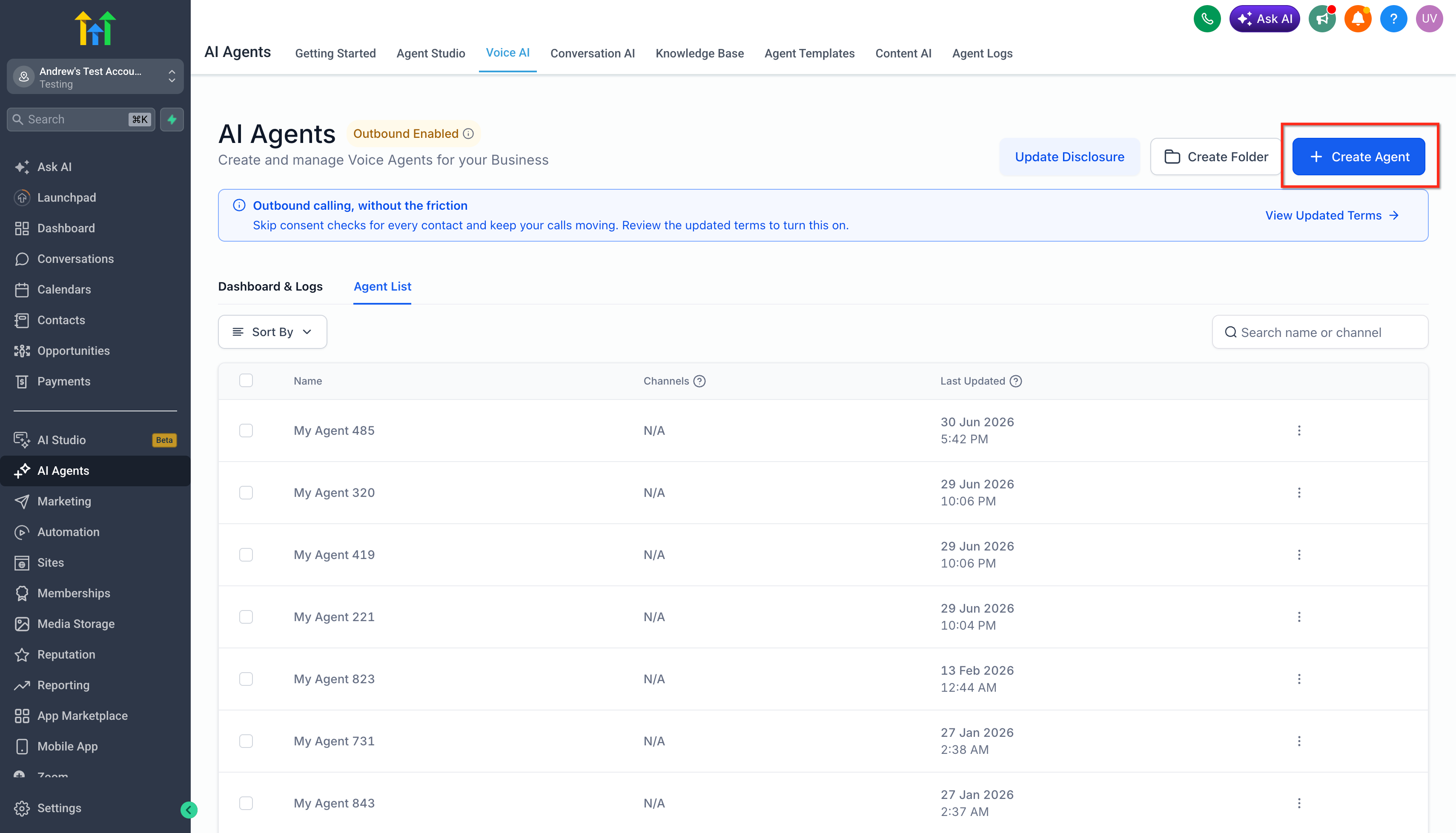 Voice AI Agent List with the Create Agent button highlighted.