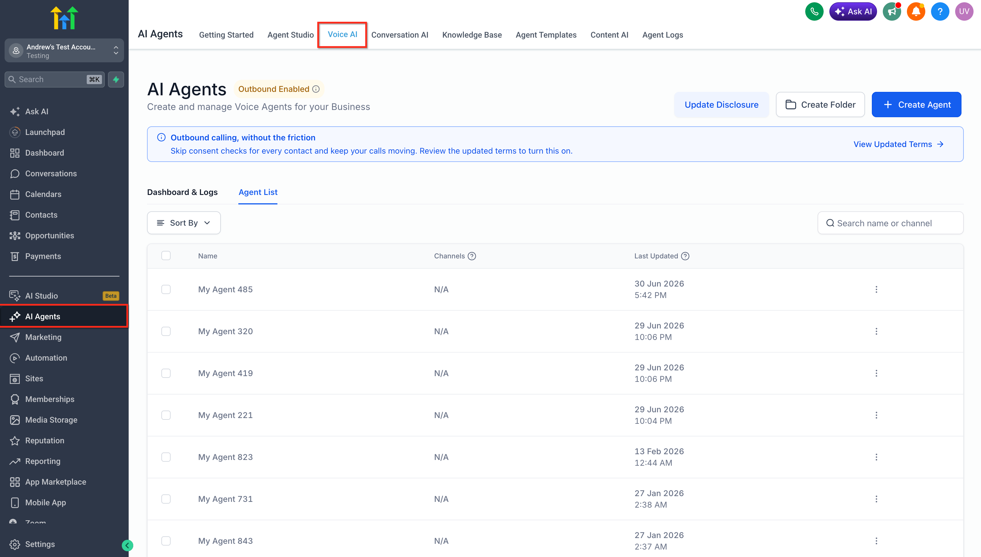 Voice AI selected under AI Agents with the Agent List displayed.