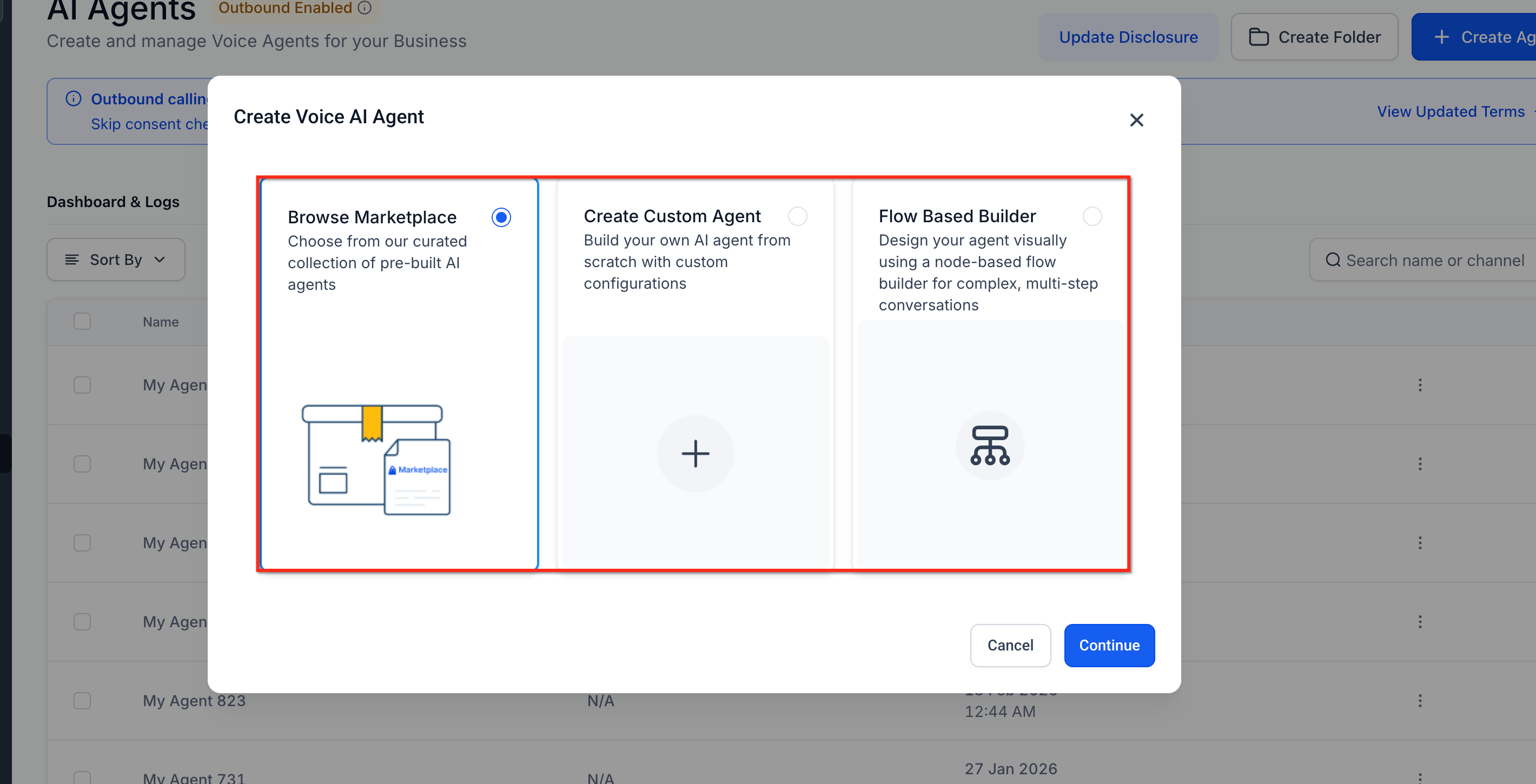 Create Voice AI Agent window showing Marketplace, Custom Agent, and Flow Based Builder.