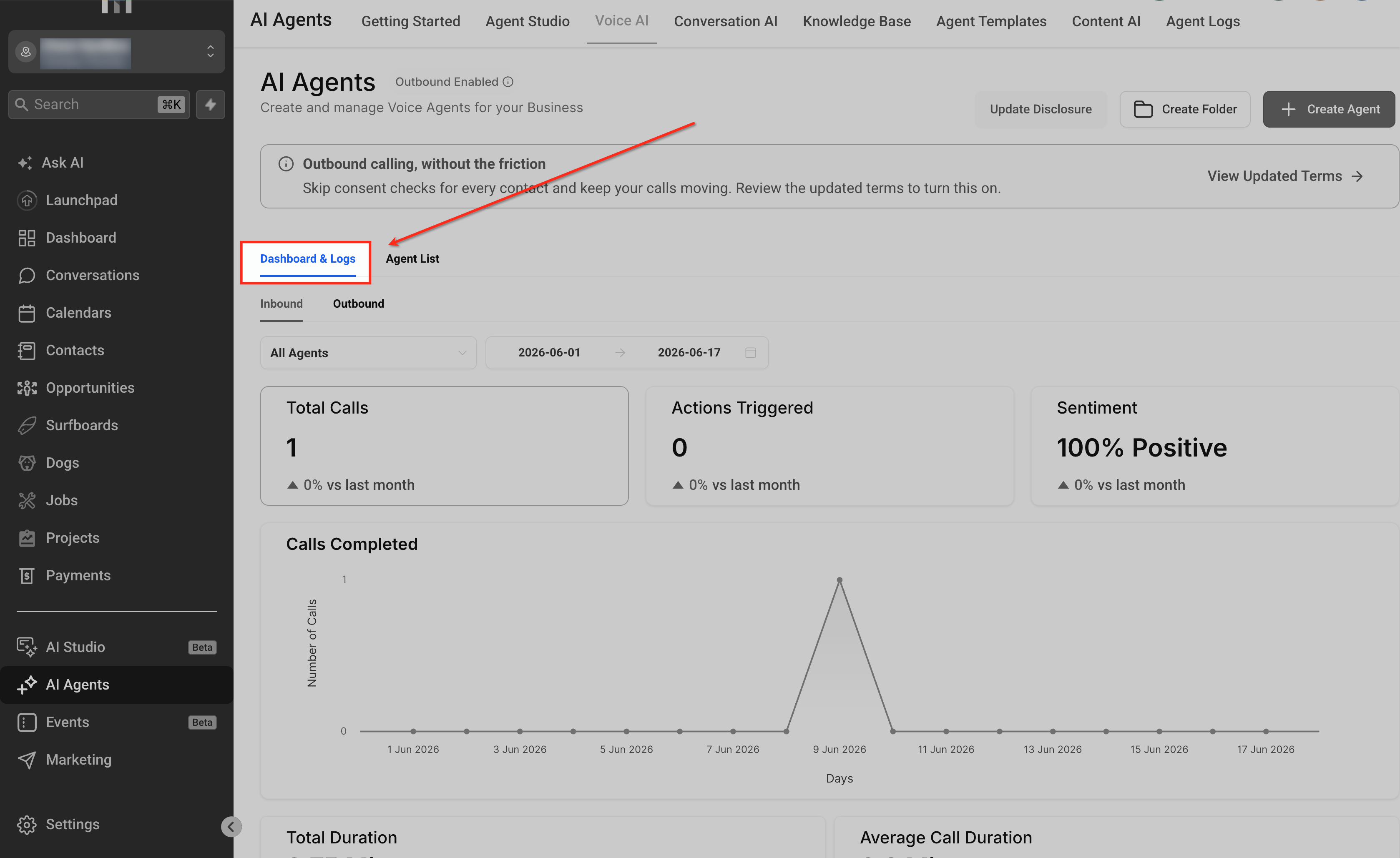 Voice AI Dashboard and Logs navigation