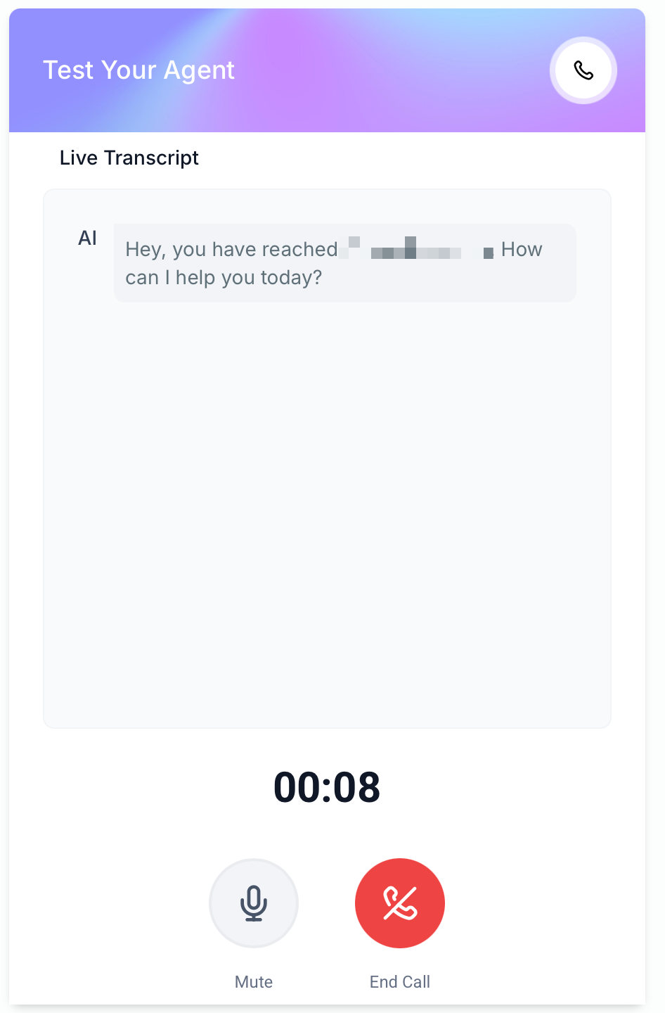 Live Transcript during a Voice AI Web Call test
