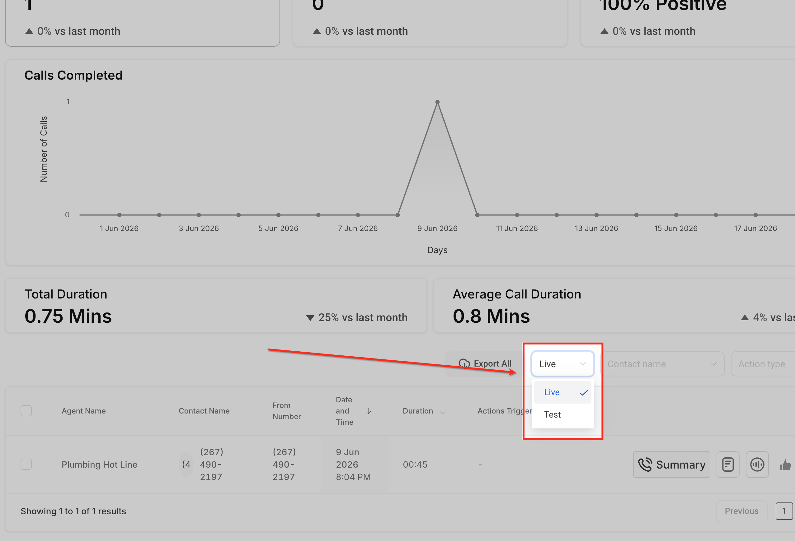 Voice AI Live and Test filter in call logs