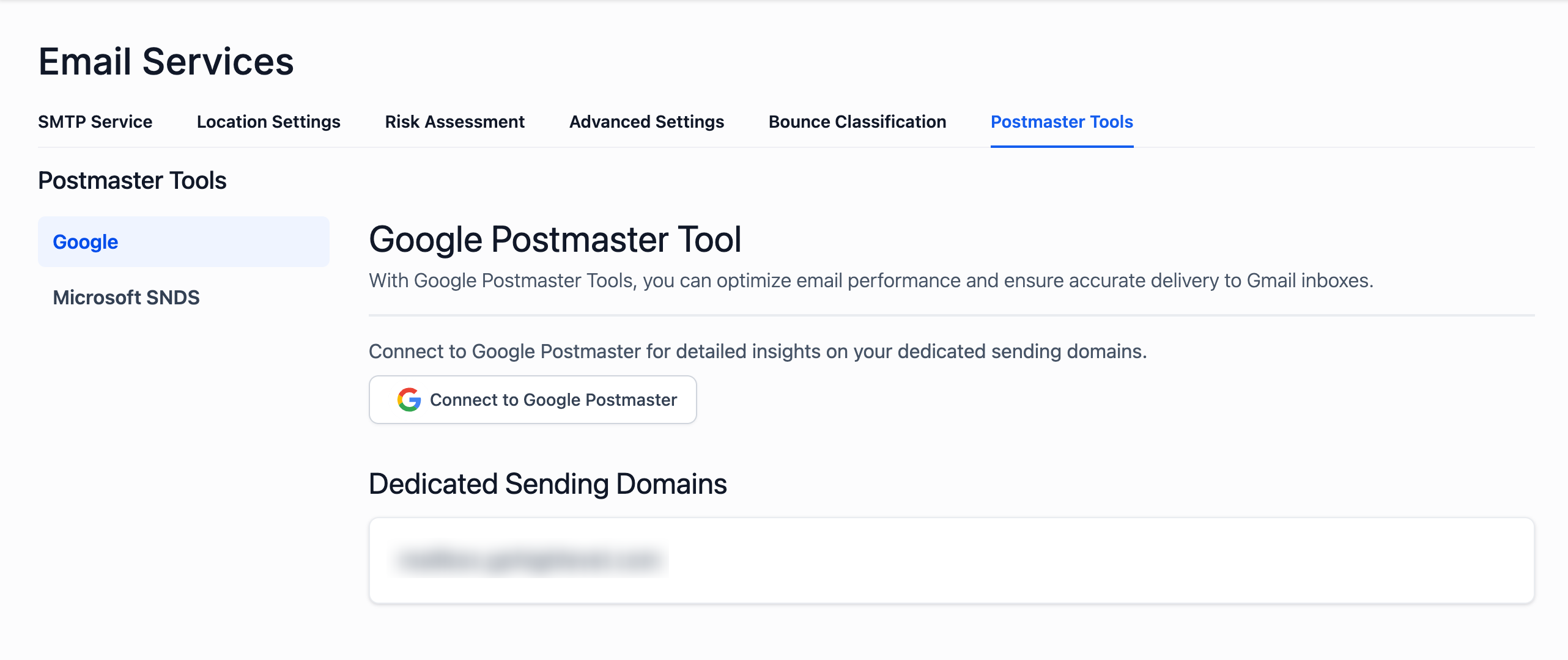 Connect to Google Postmaster button on the Email Services page