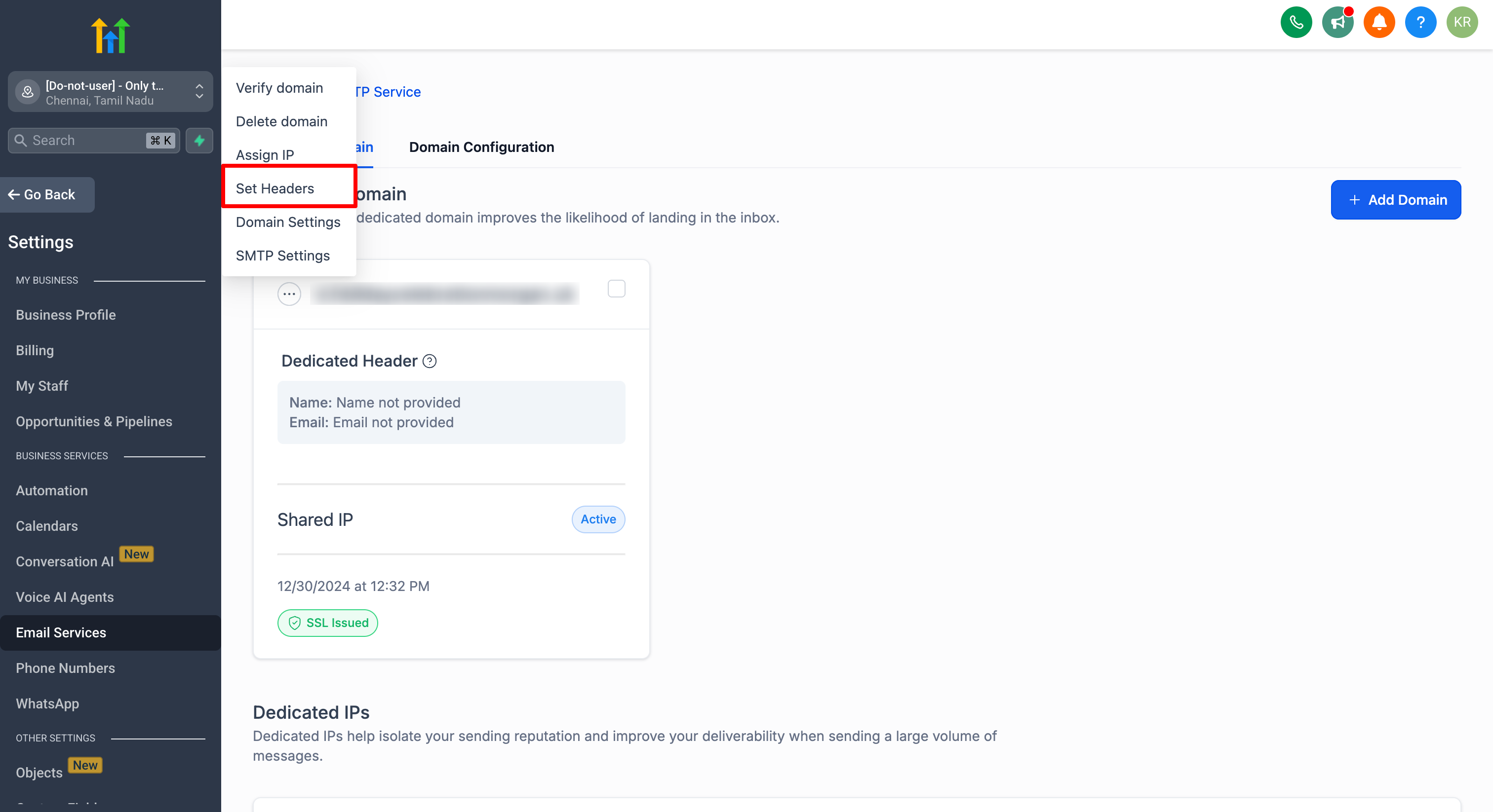 Dedicated Domain and IP settings showing Set Headers option