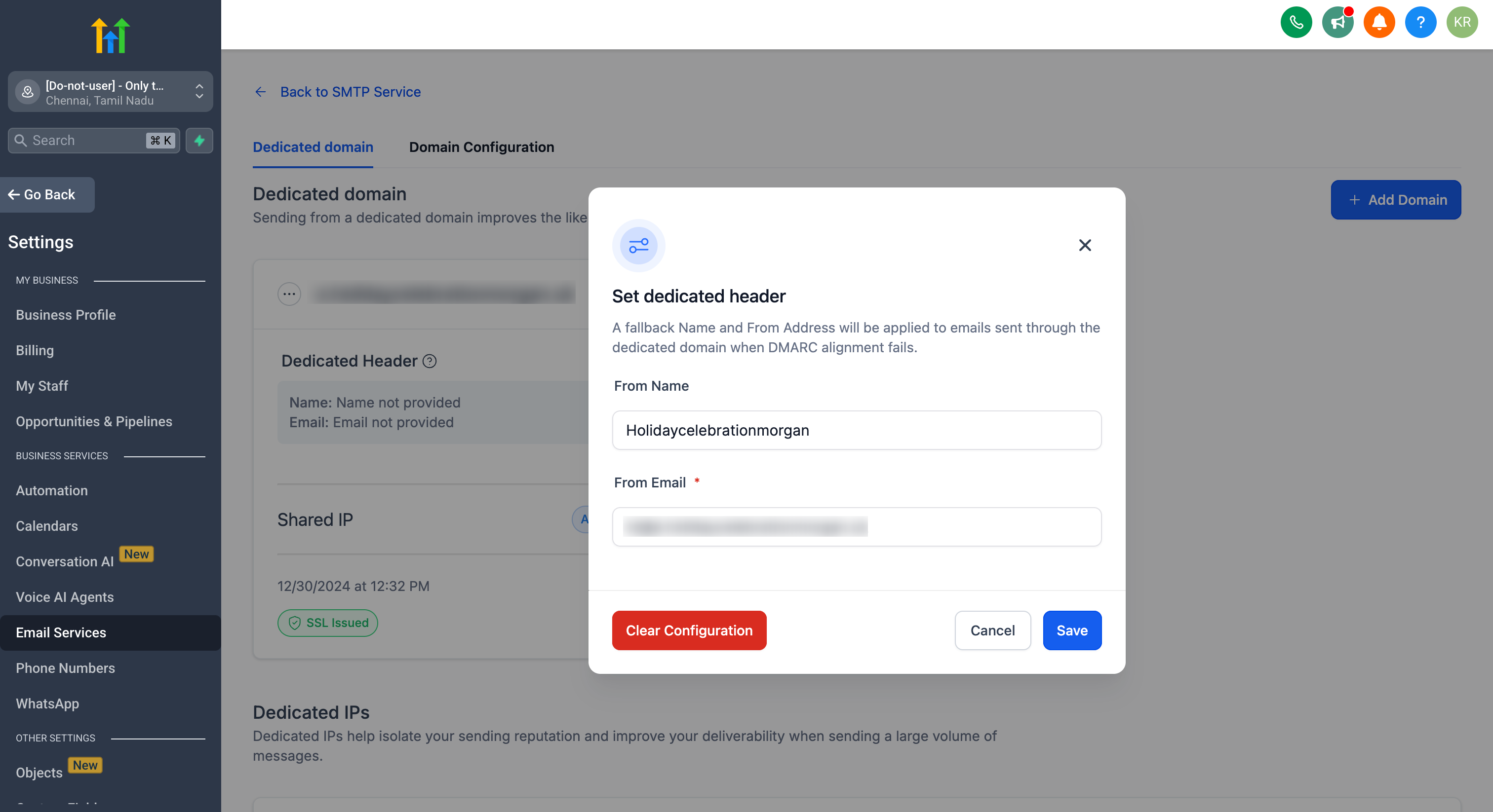 Set Headers form showing From Name and From Email fields