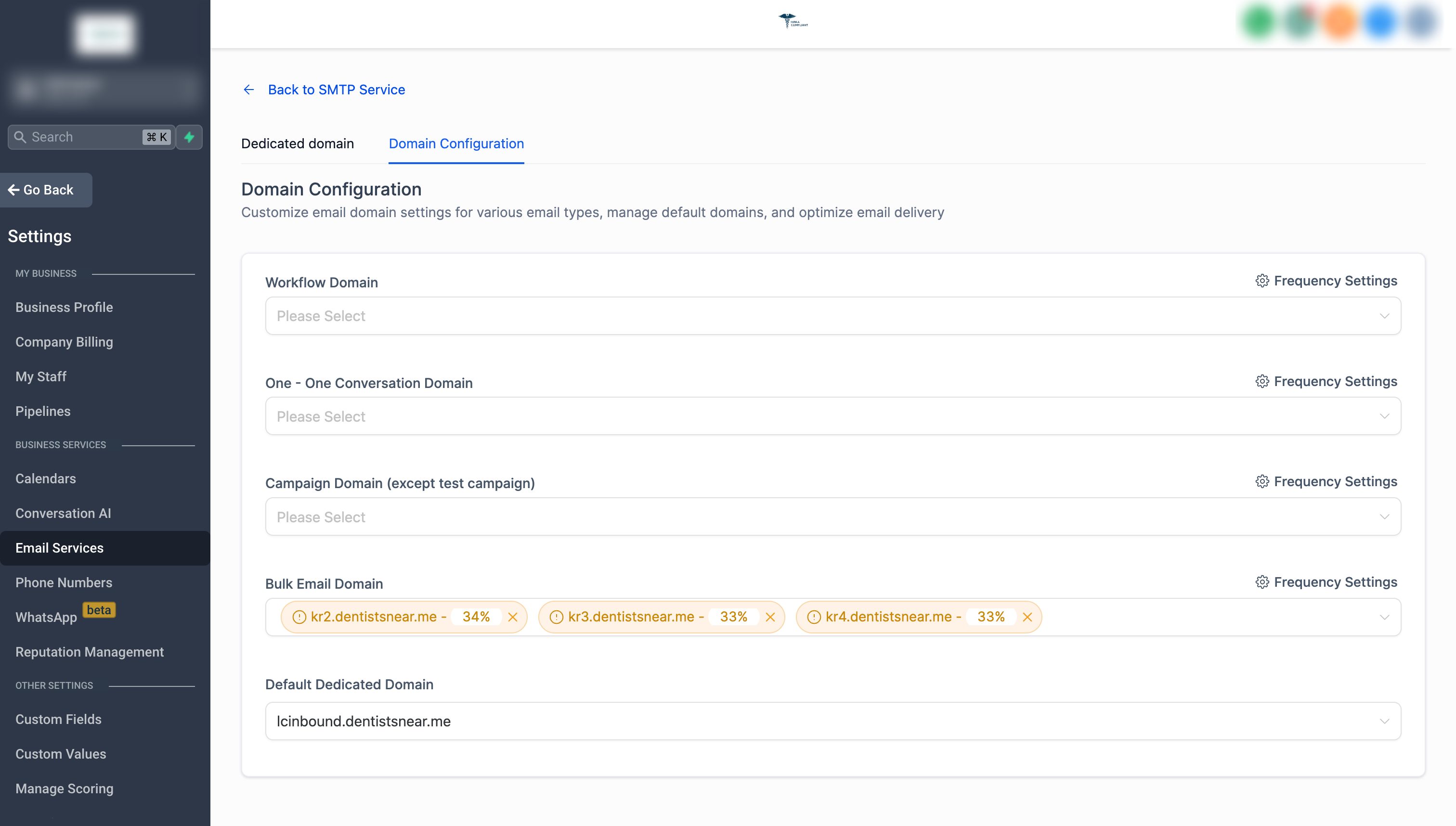 Domain Configuration screen inside Dedicated Domain and IP settings