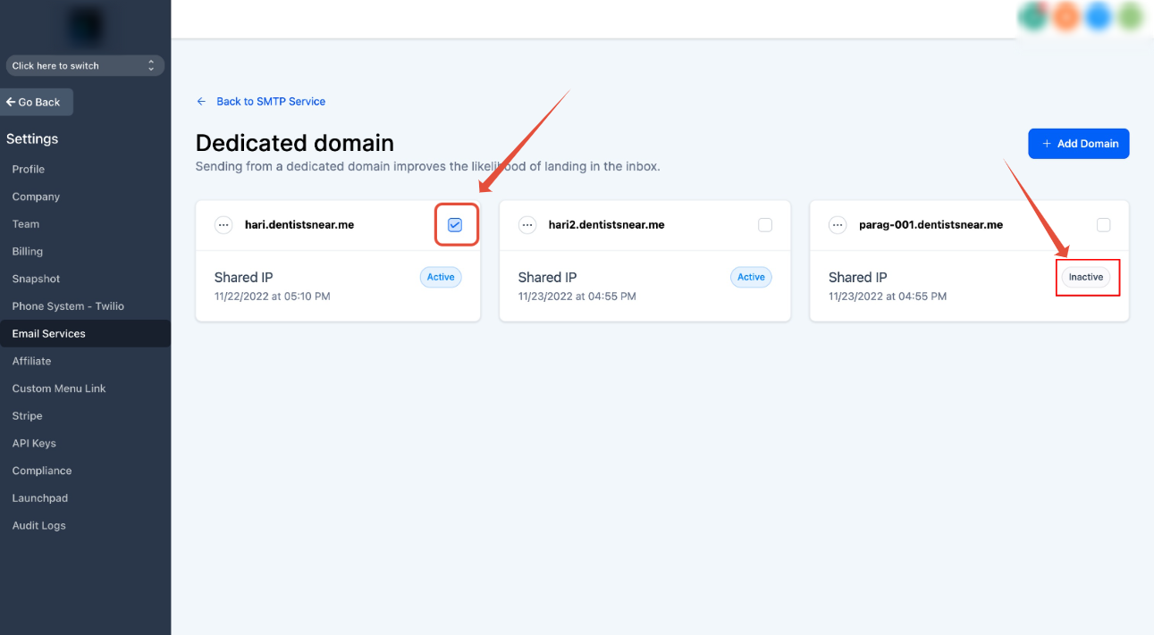 Default Dedicated Sending Domain selector in Domain Configuration