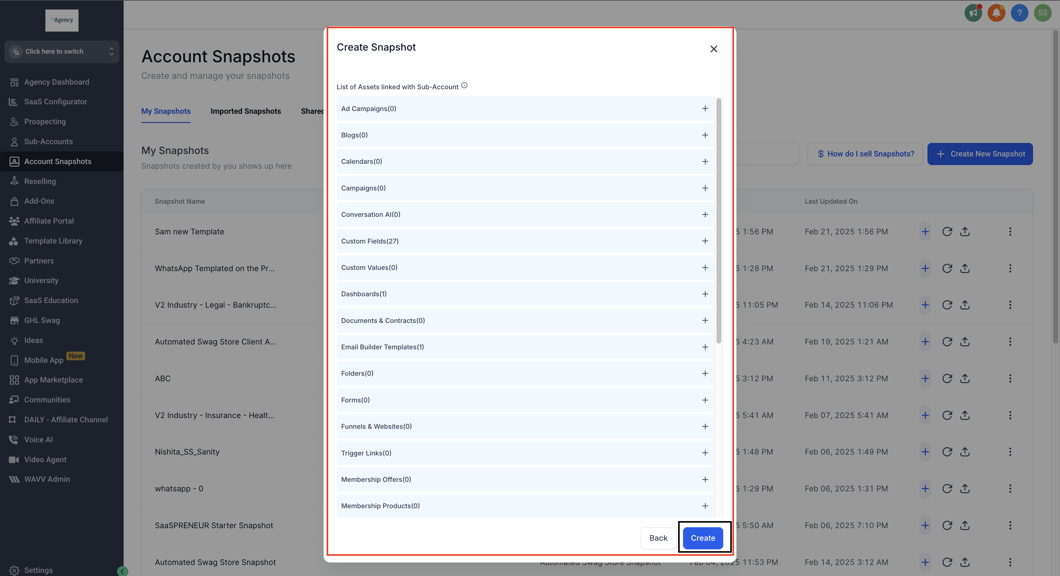 Select assets and finalize snapshot