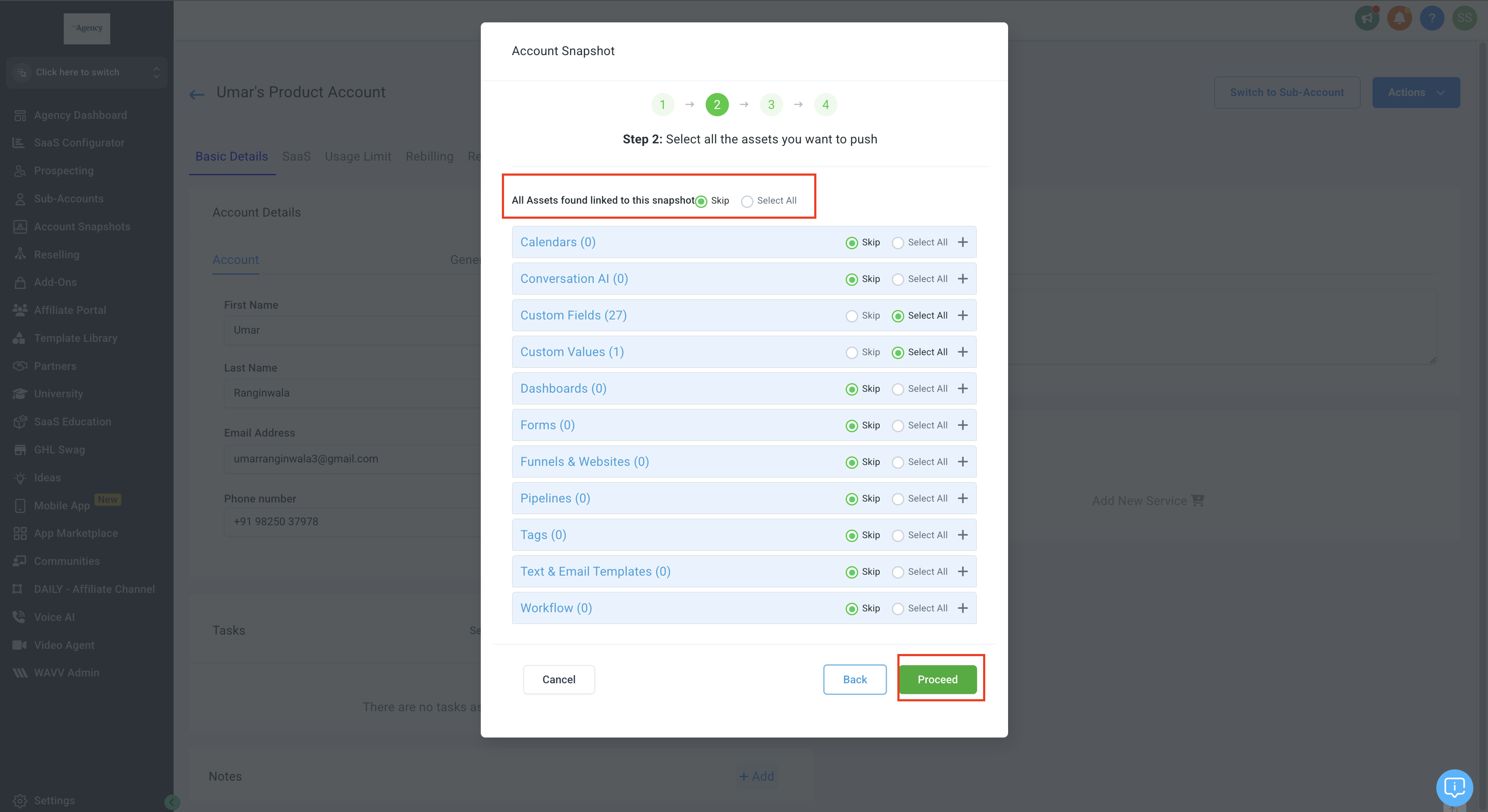 Select assets to transfer
