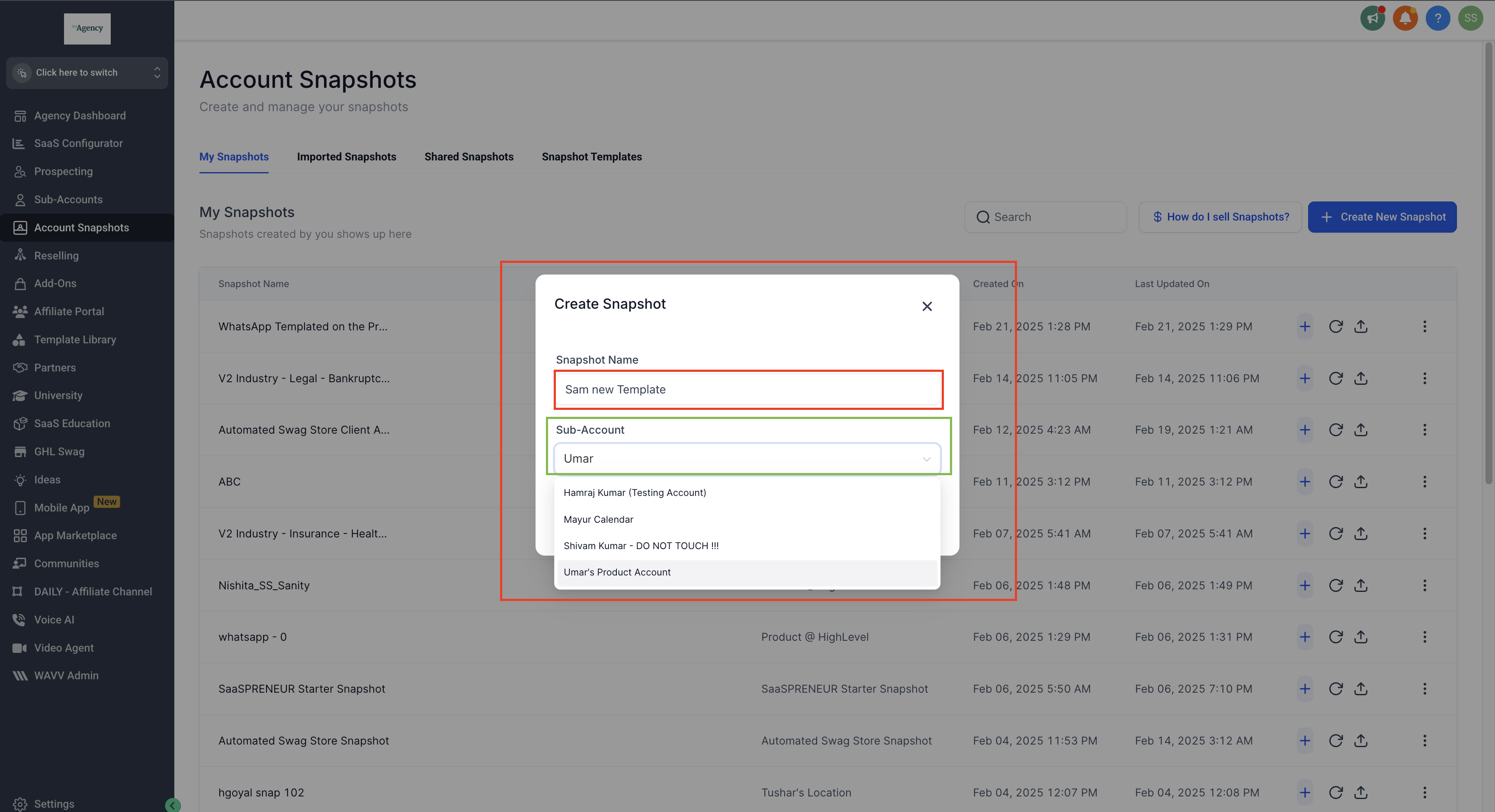 Create Snapshot - Enter name and sub-account