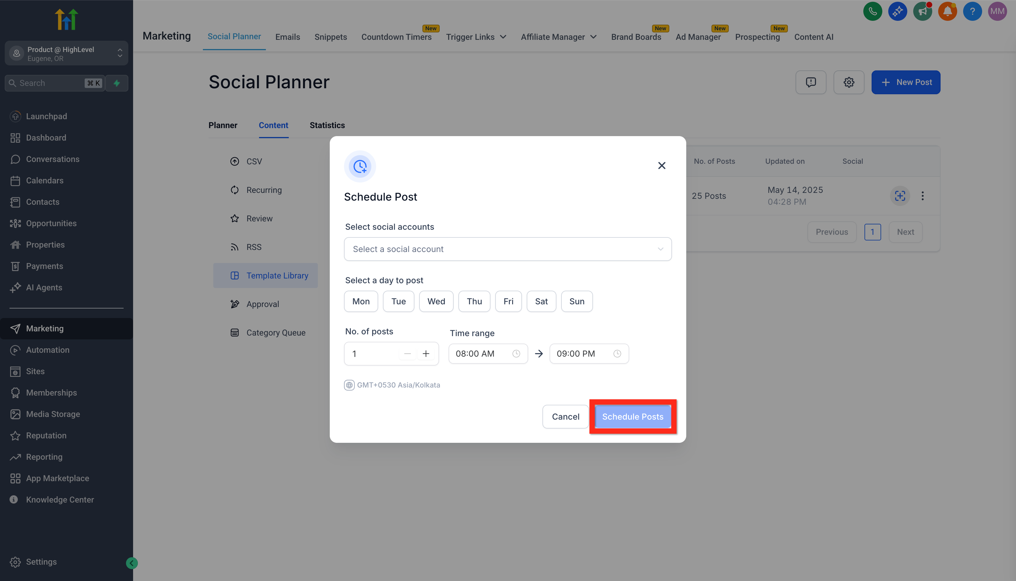 Schedule Post window showing social account, posting days, post count, time range, and Schedule Posts button.