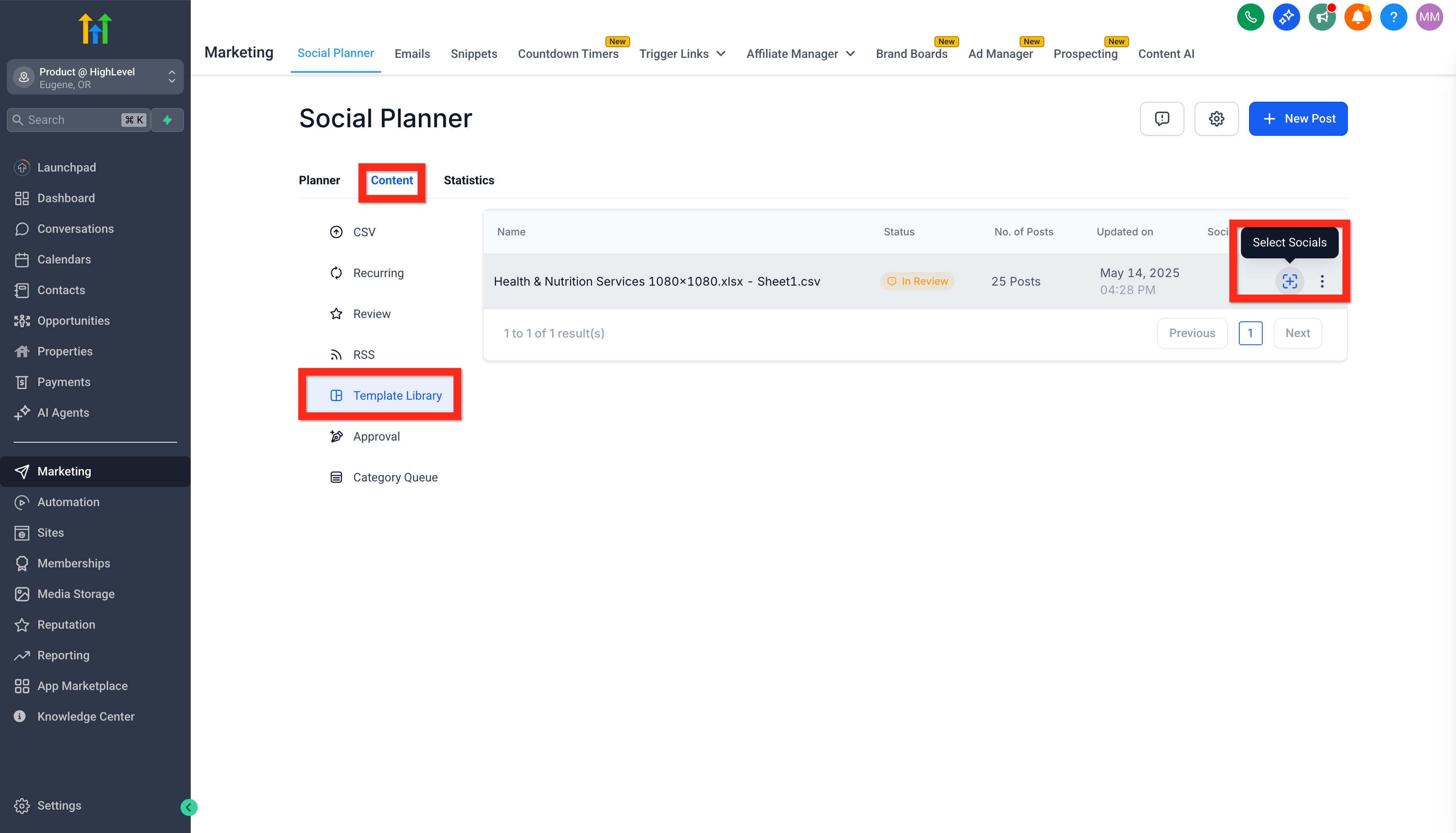 Template Library showing the Select Socials icon.