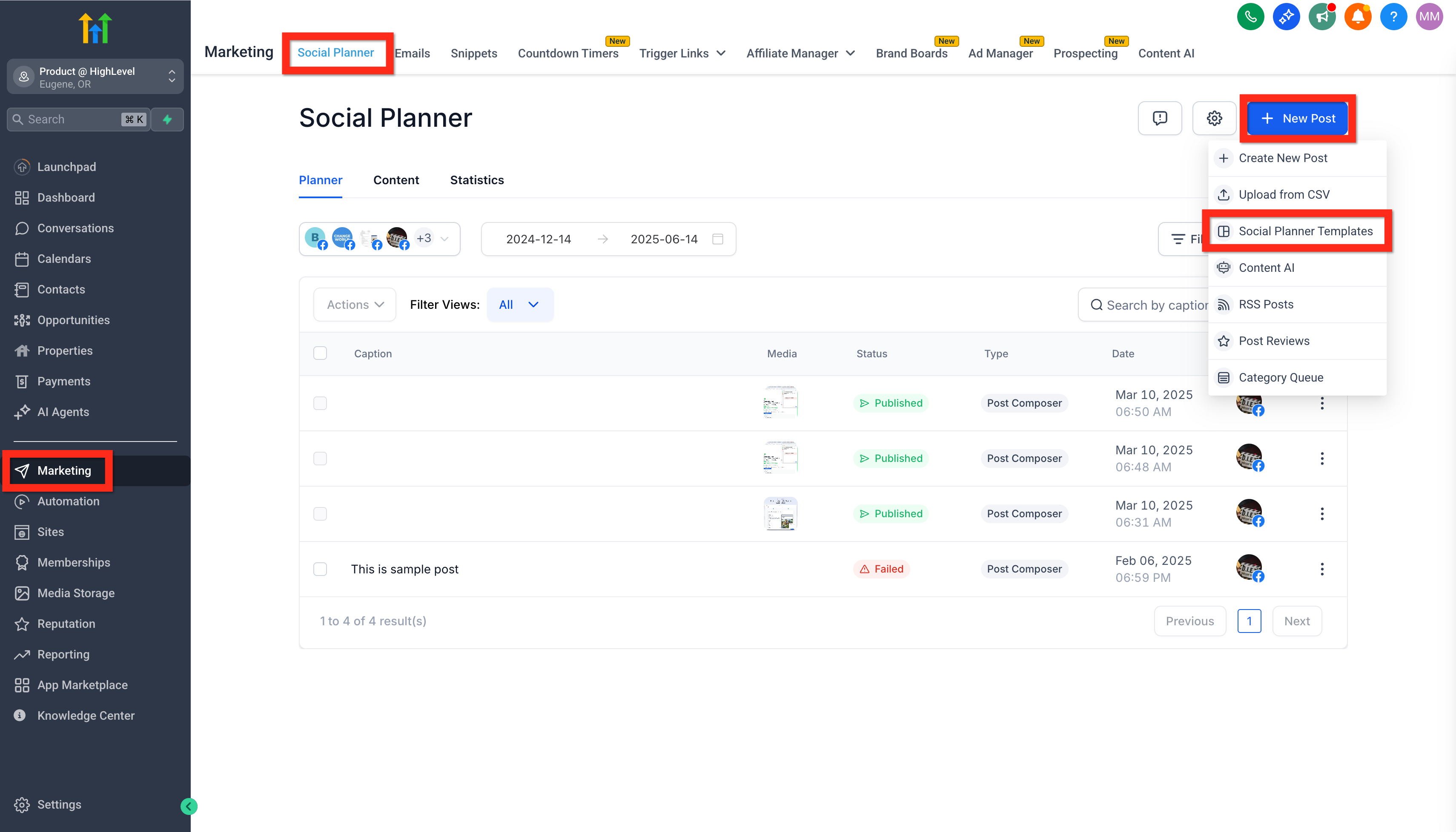New Post menu with Social Planner Templates highlighted.