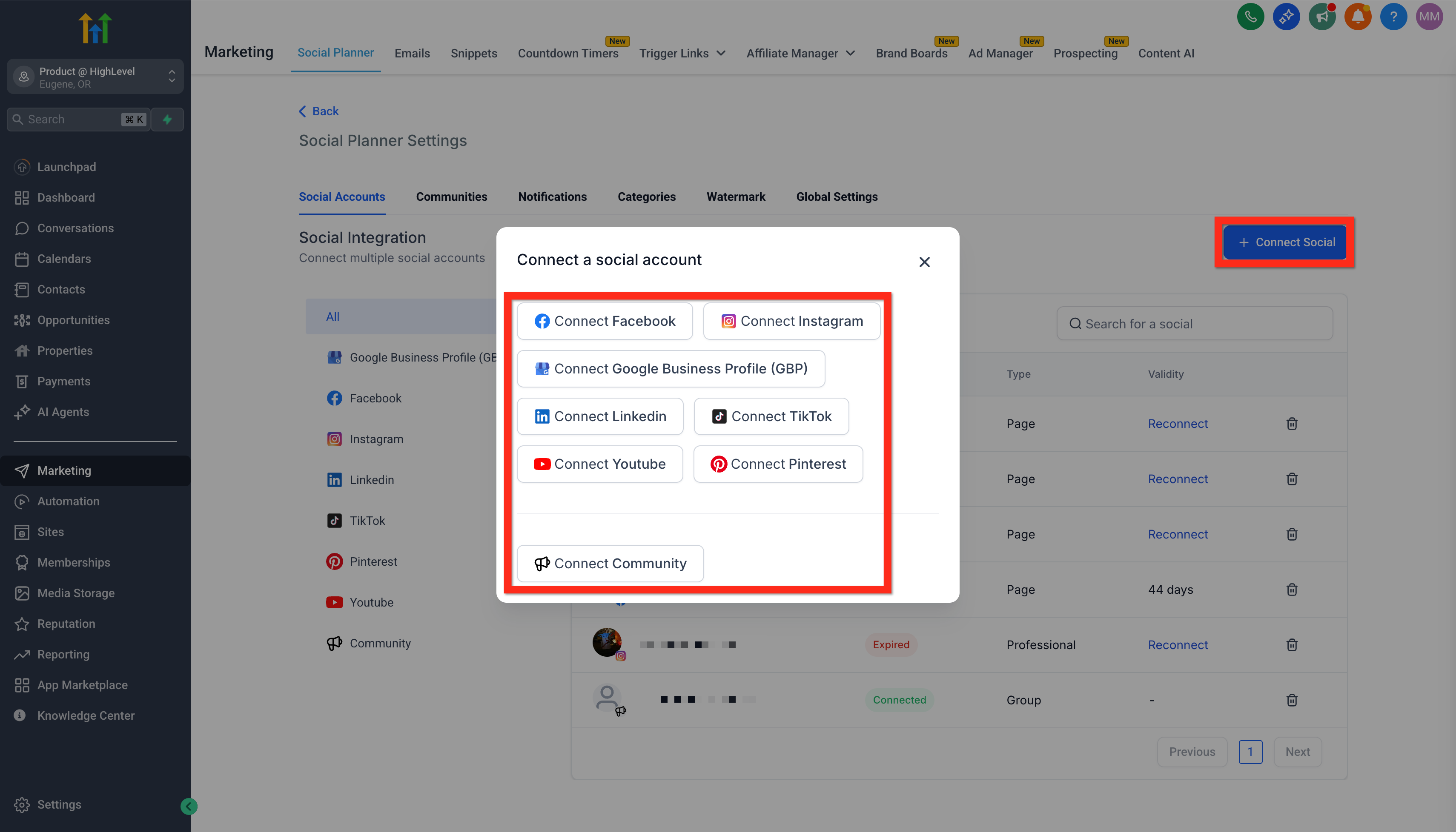Connect a social account window showing the available social integrations.