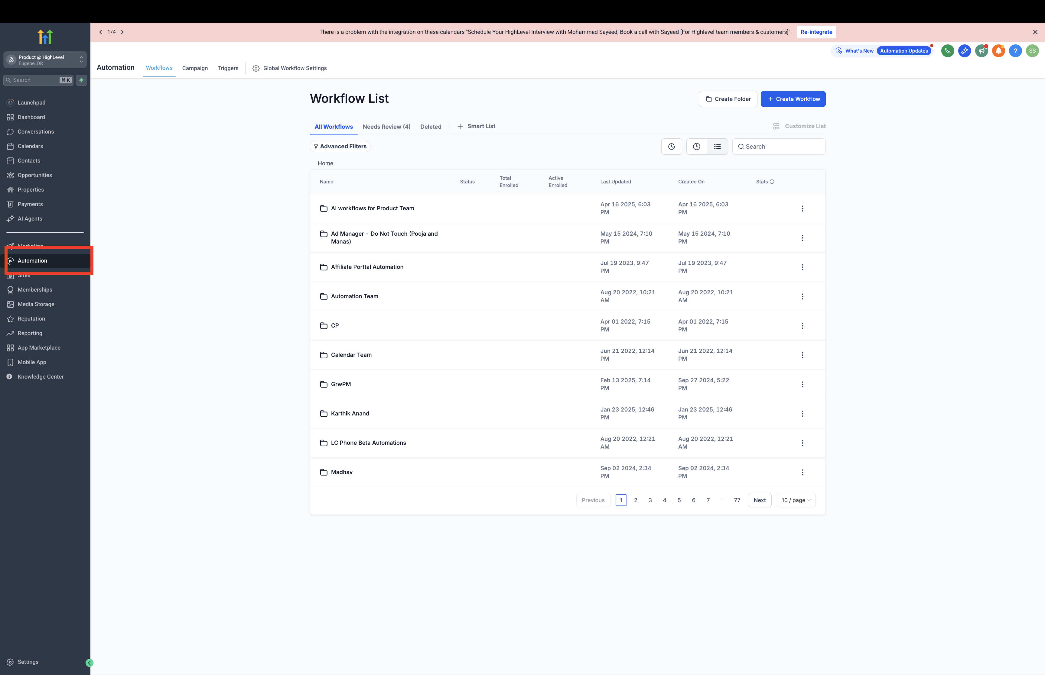 Automation tab in dashboard