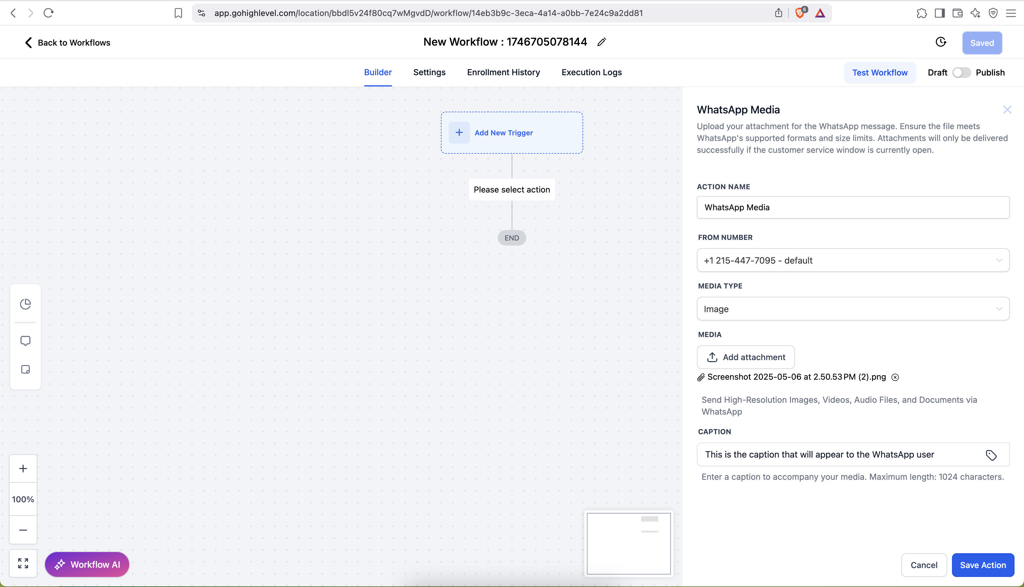 From number, Media Type, and caption fields