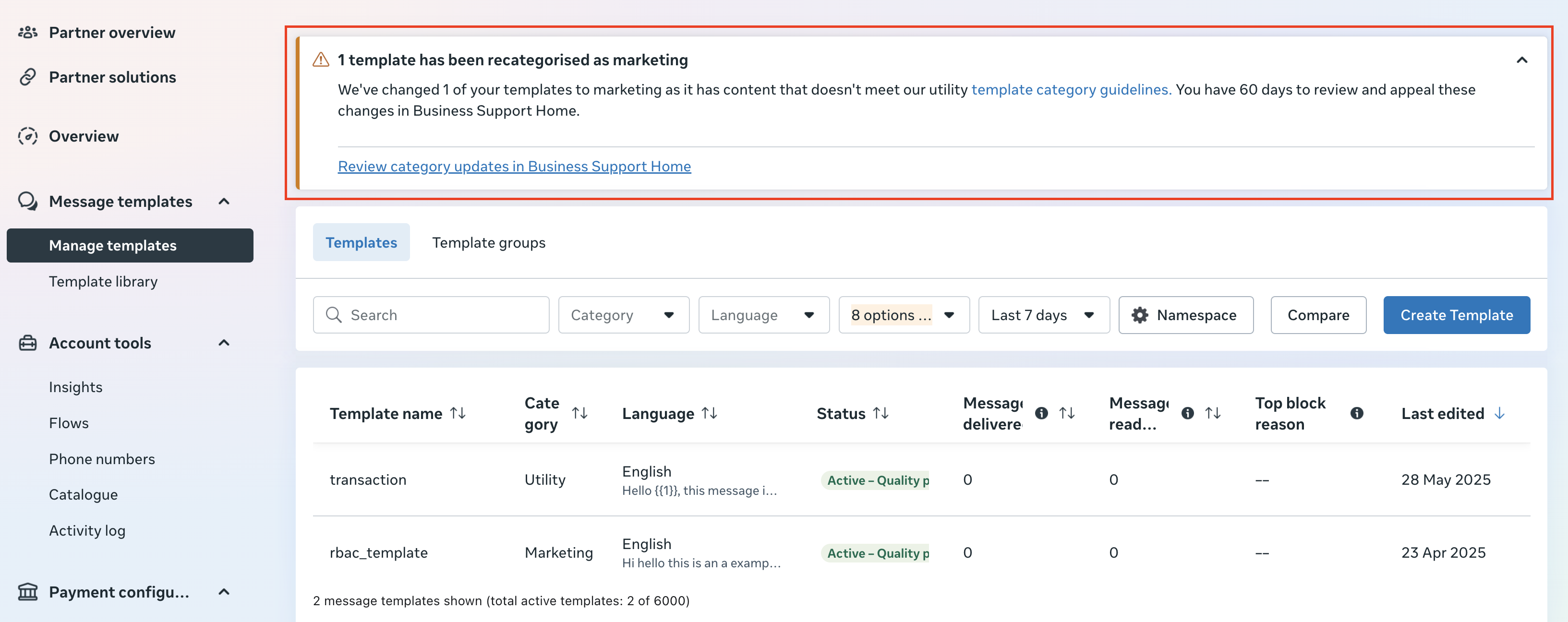 Review category updates in Business Support Home
