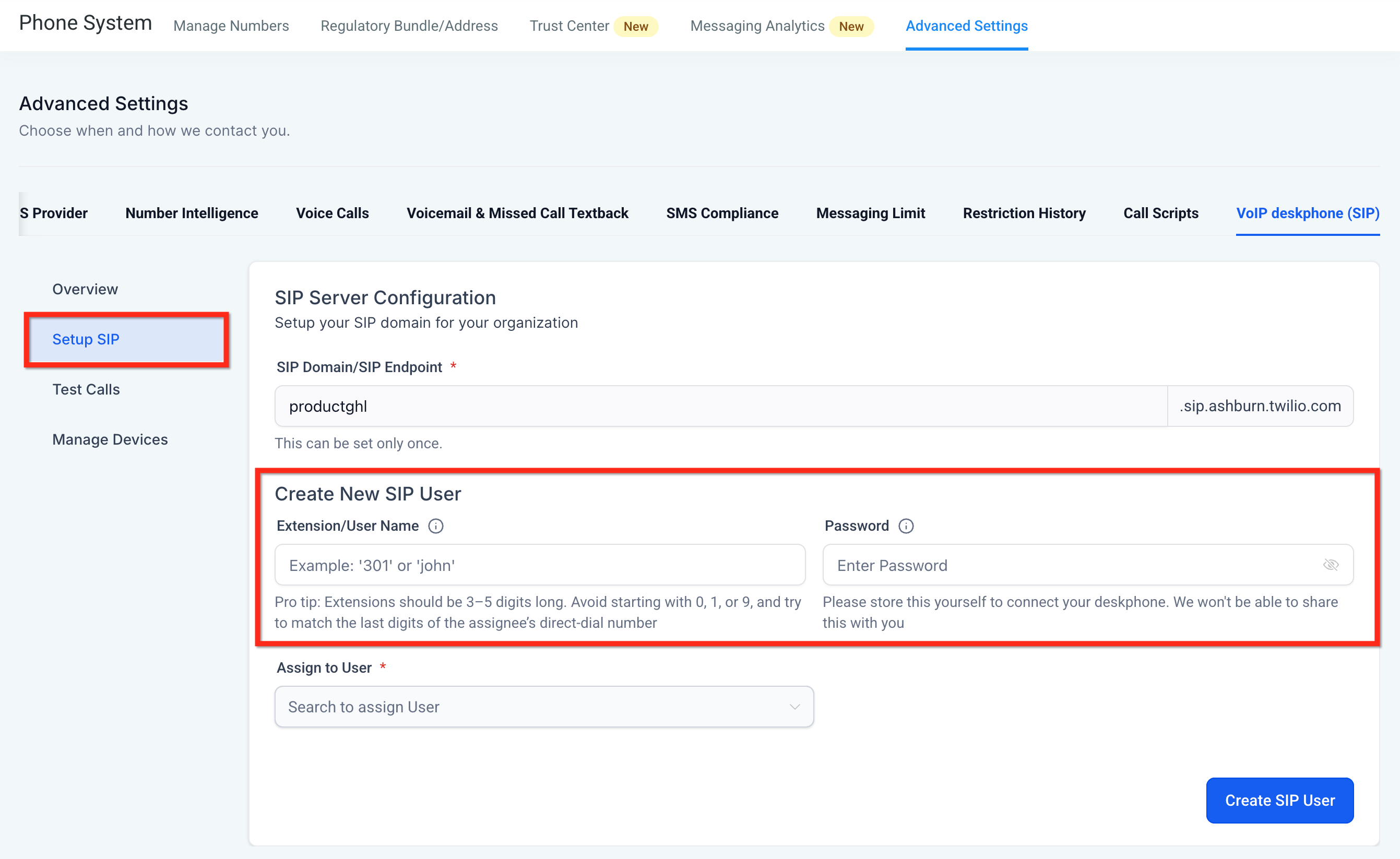 Chat To Clients CRM Create New SIP User fields for extension username and password