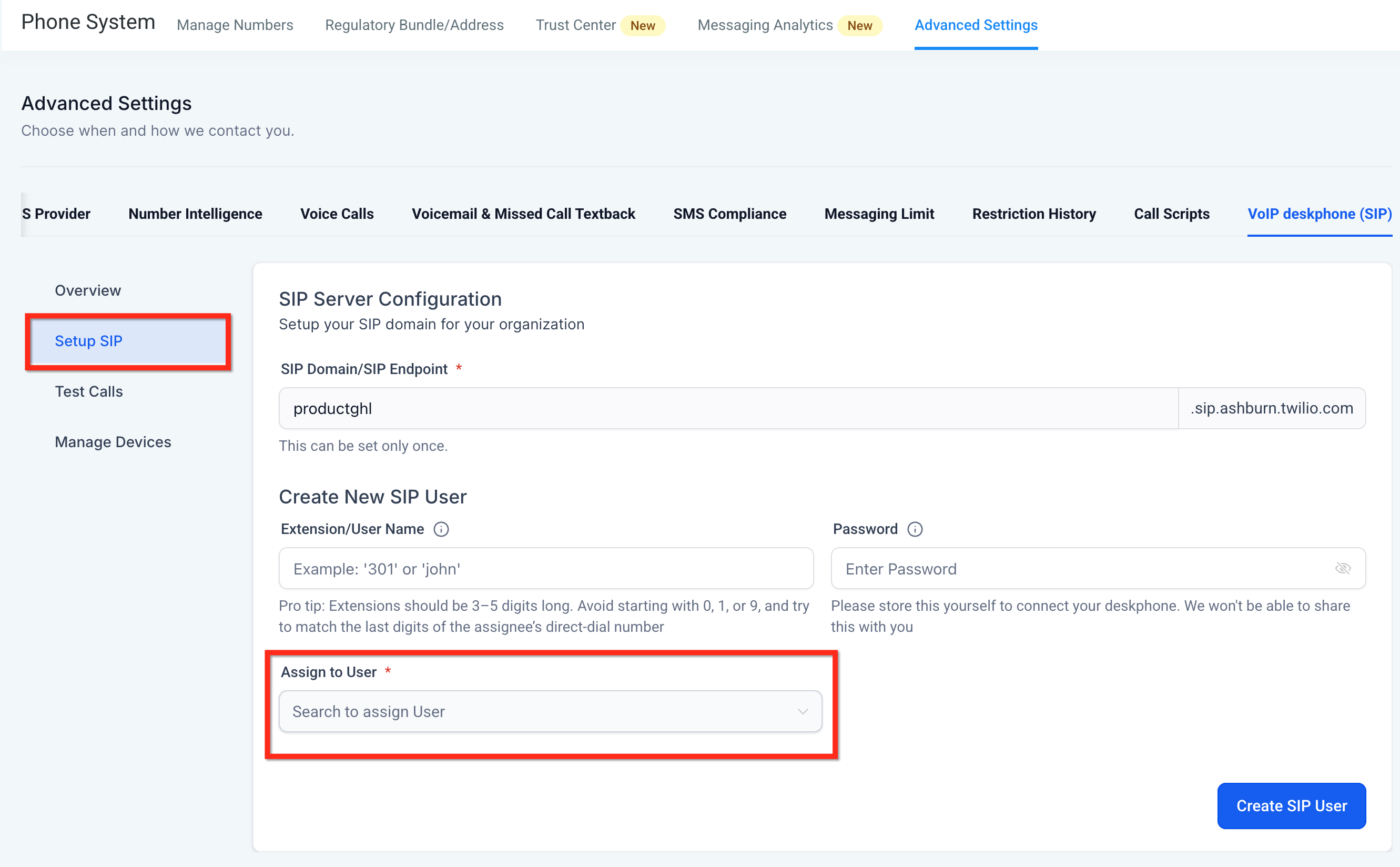 Chat To Clients CRM SIP setup showing Assign to User dropdown