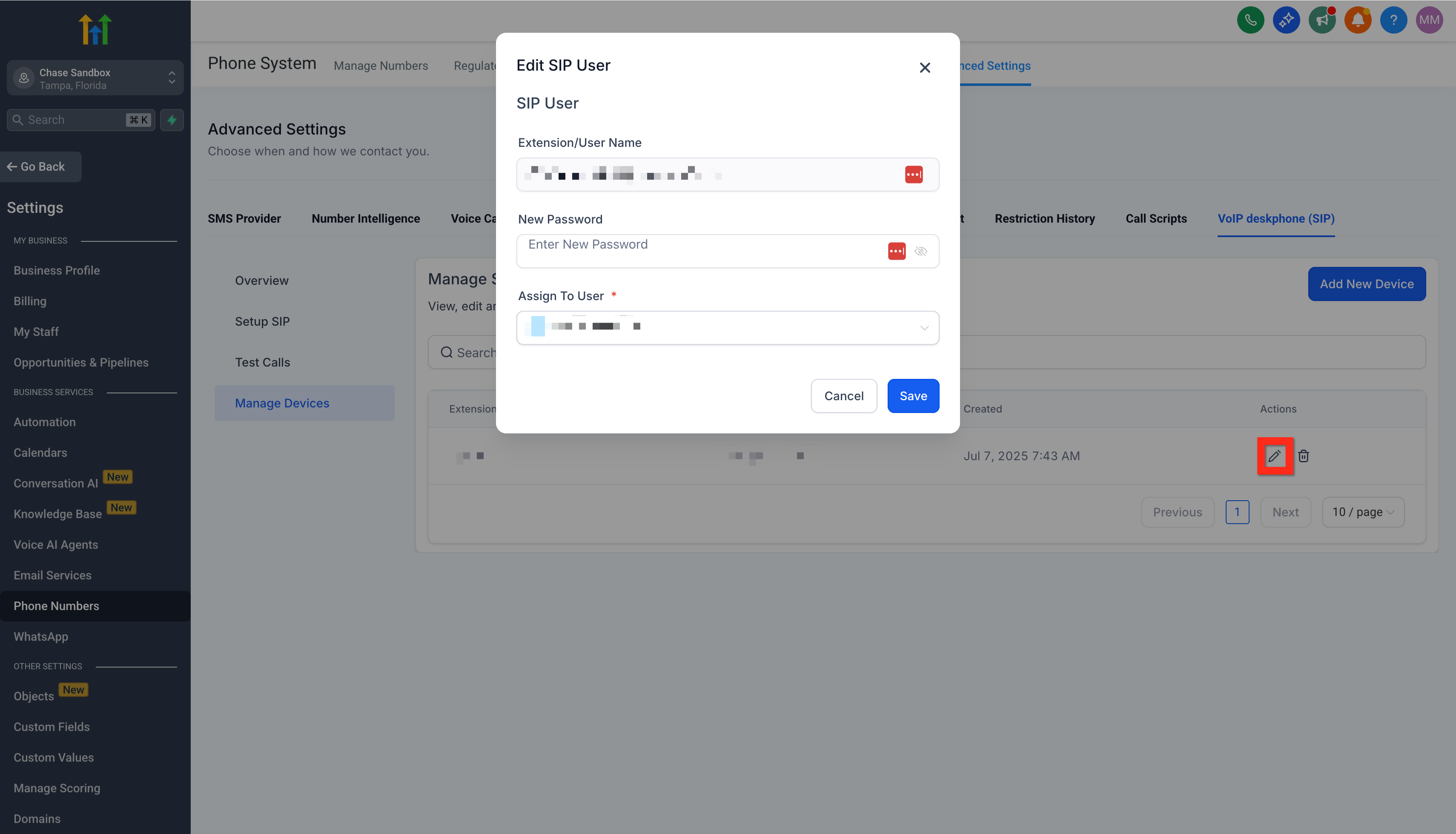 Chat To Clients CRM Edit SIP User modal for resetting the SIP password or assigned user