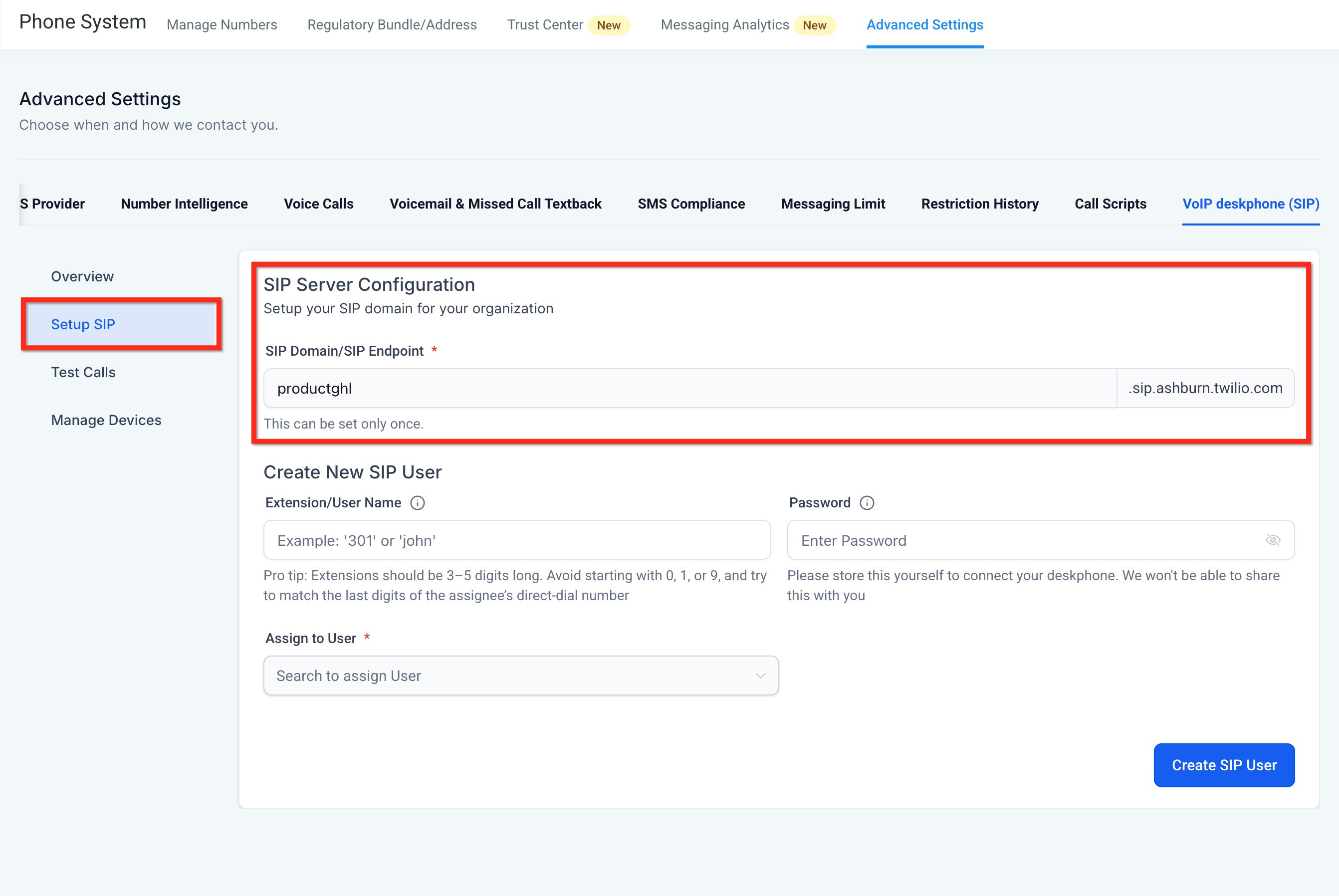 Chat To Clients CRM Setup SIP screen showing SIP Server Configuration and SIP Domain