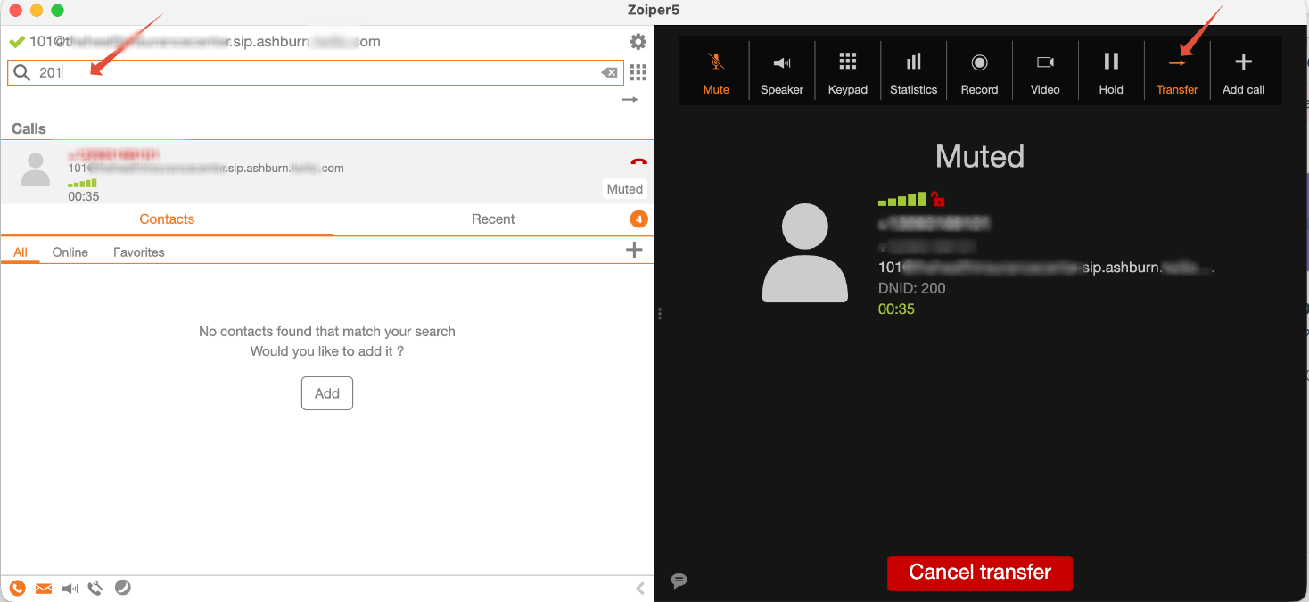 SIP deskphone software showing an extension entered for a deskphone transfer