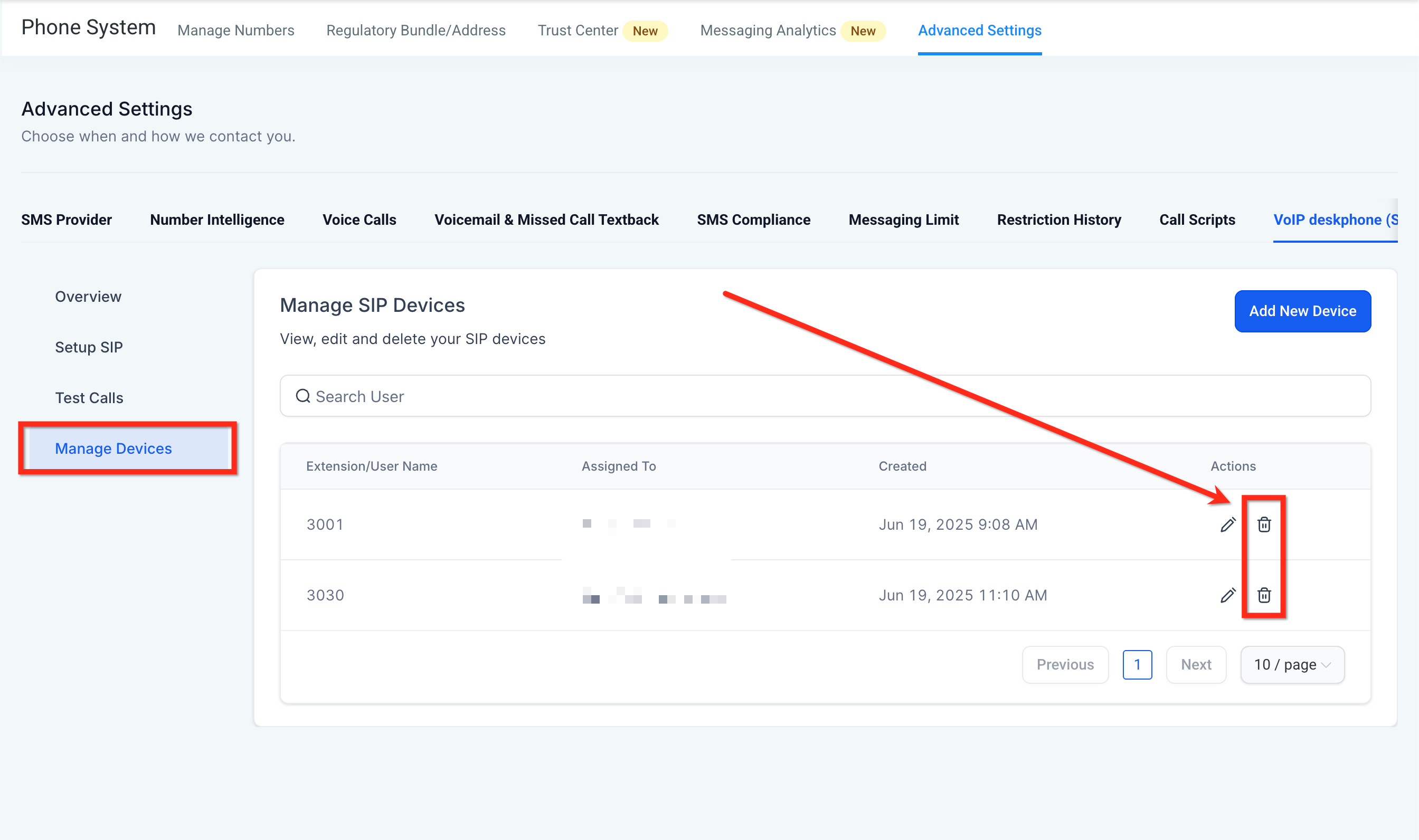 Chat To Clients CRM Manage SIP Devices screen showing edit and delete actions