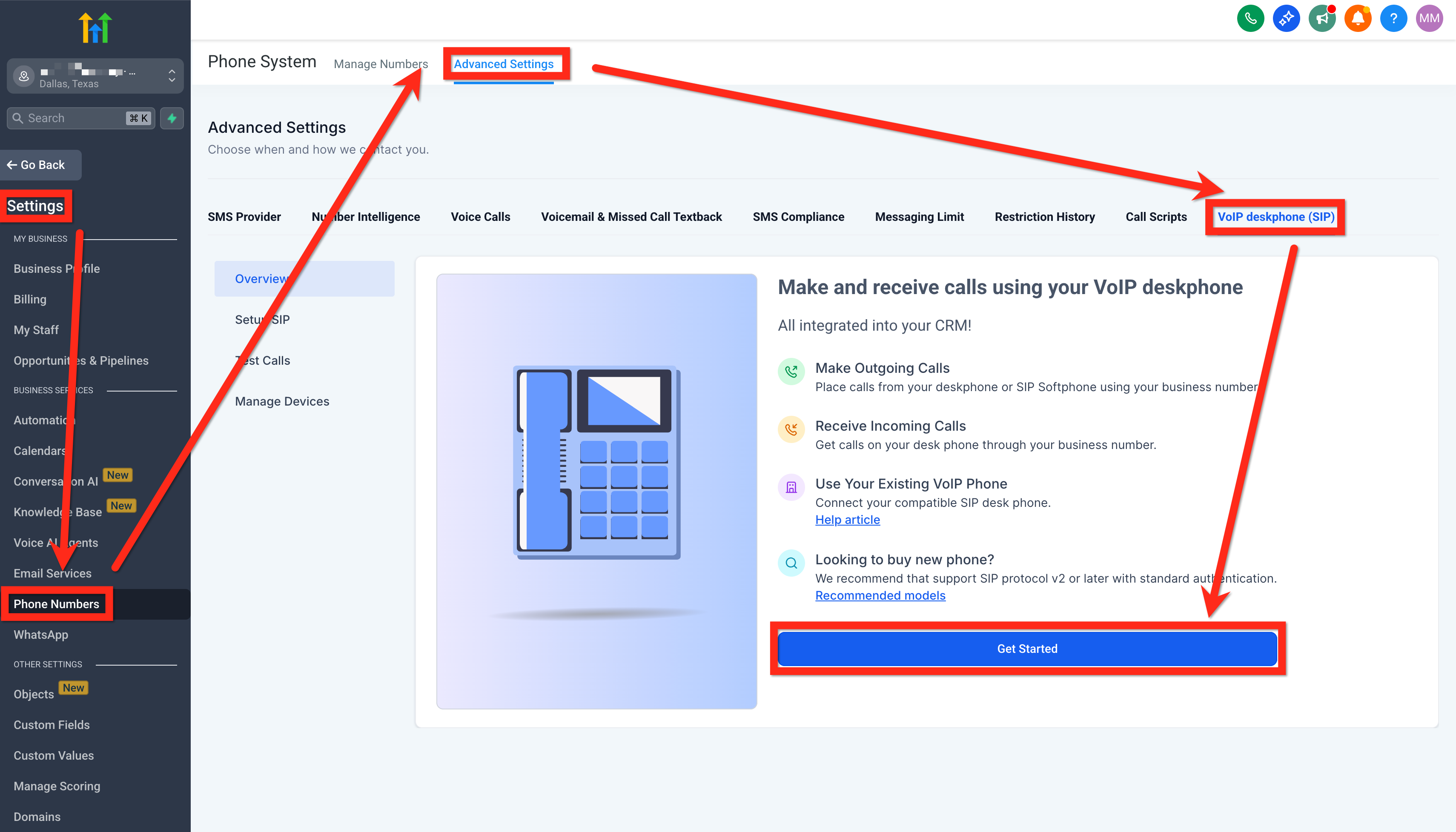 Chat To Clients CRM Phone System Advanced Settings showing VoIP deskphone SIP and Get Started