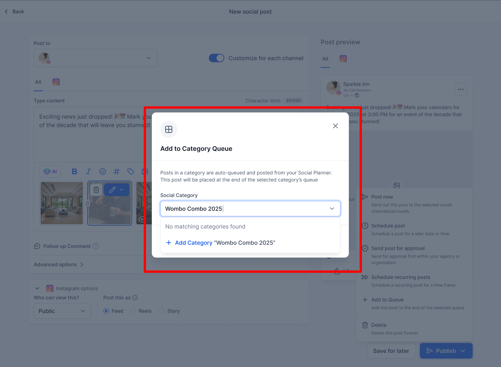 Create a new social category while setting up a queue