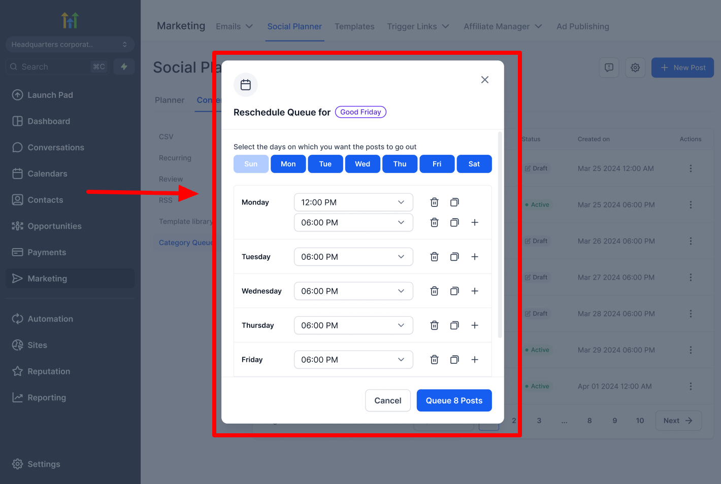 Select a new start date for a Category Queue