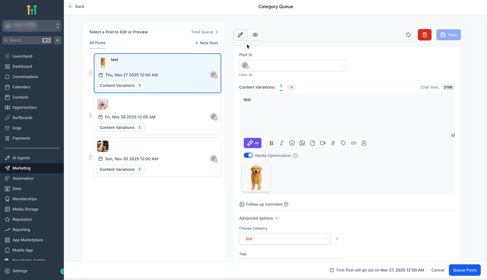 Add content variations to a post in a Category Queue