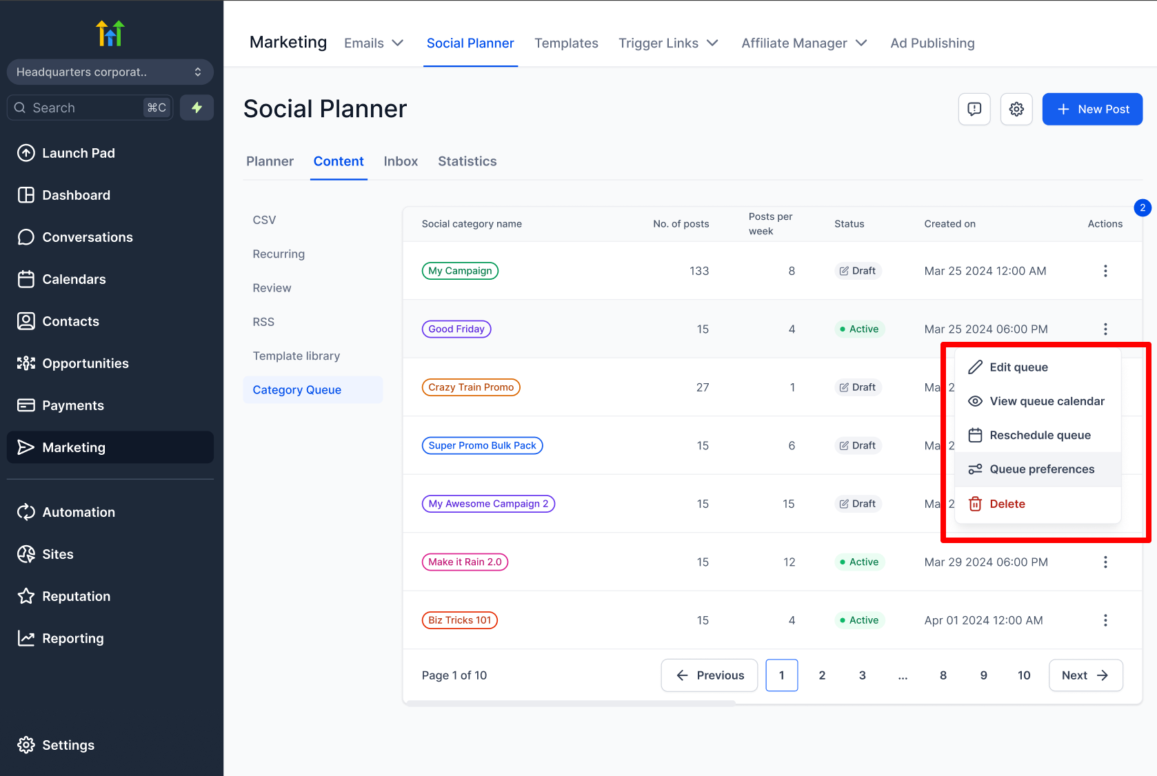 Category Queue More options menu in Social Planner