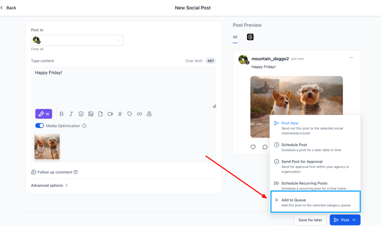 Add a social post to an existing or new Category Queue