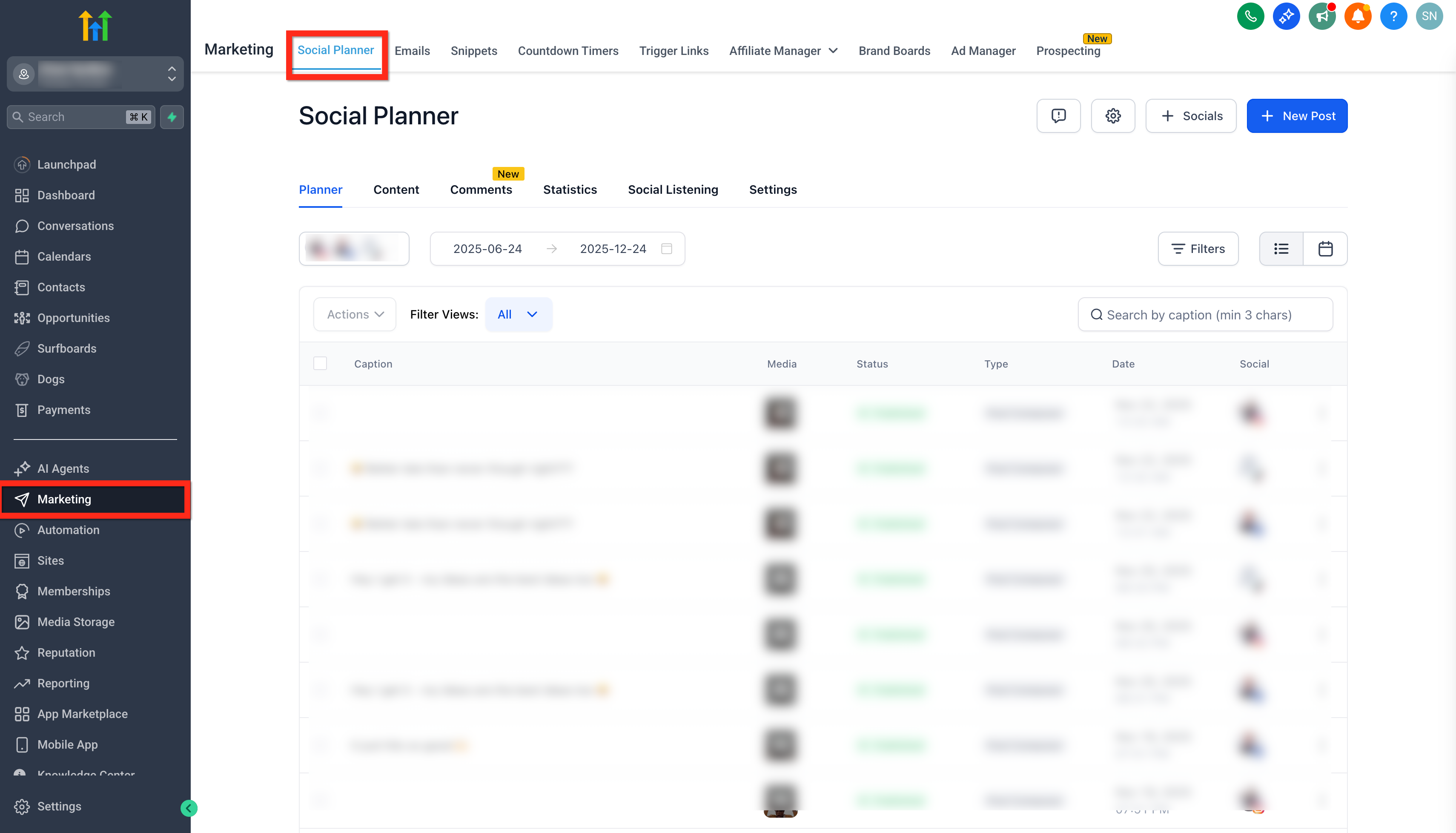 Navigate to Social Planner from the Marketing menu