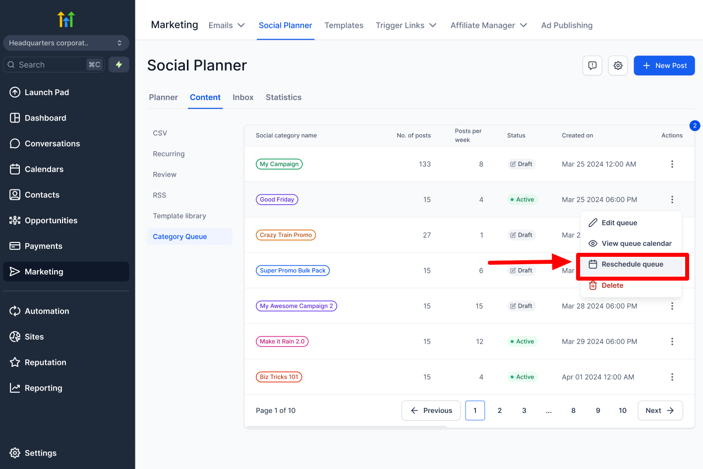 Reschedule queue option in Social Planner