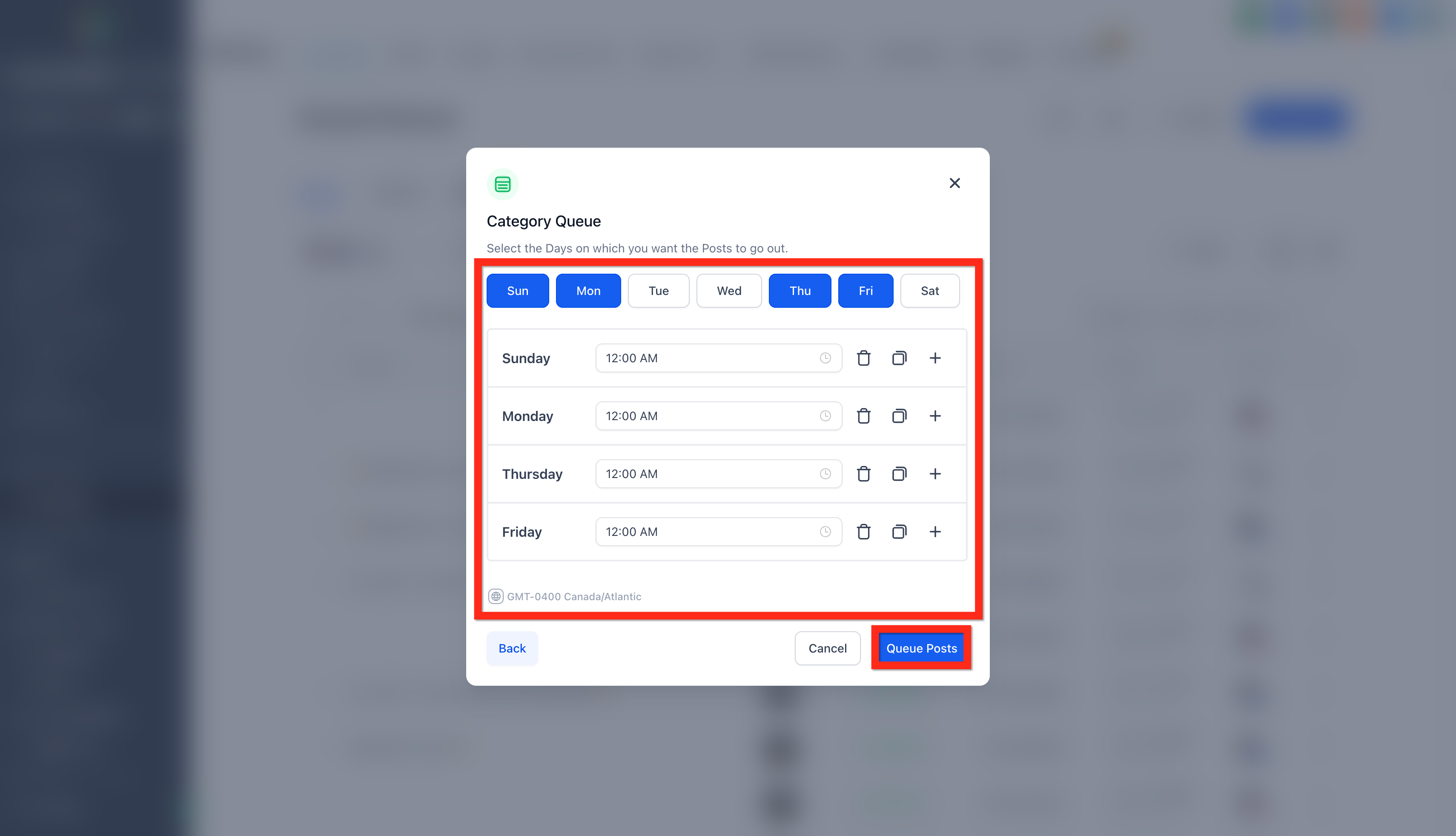 Set the publishing schedule and continue to the queue editor
