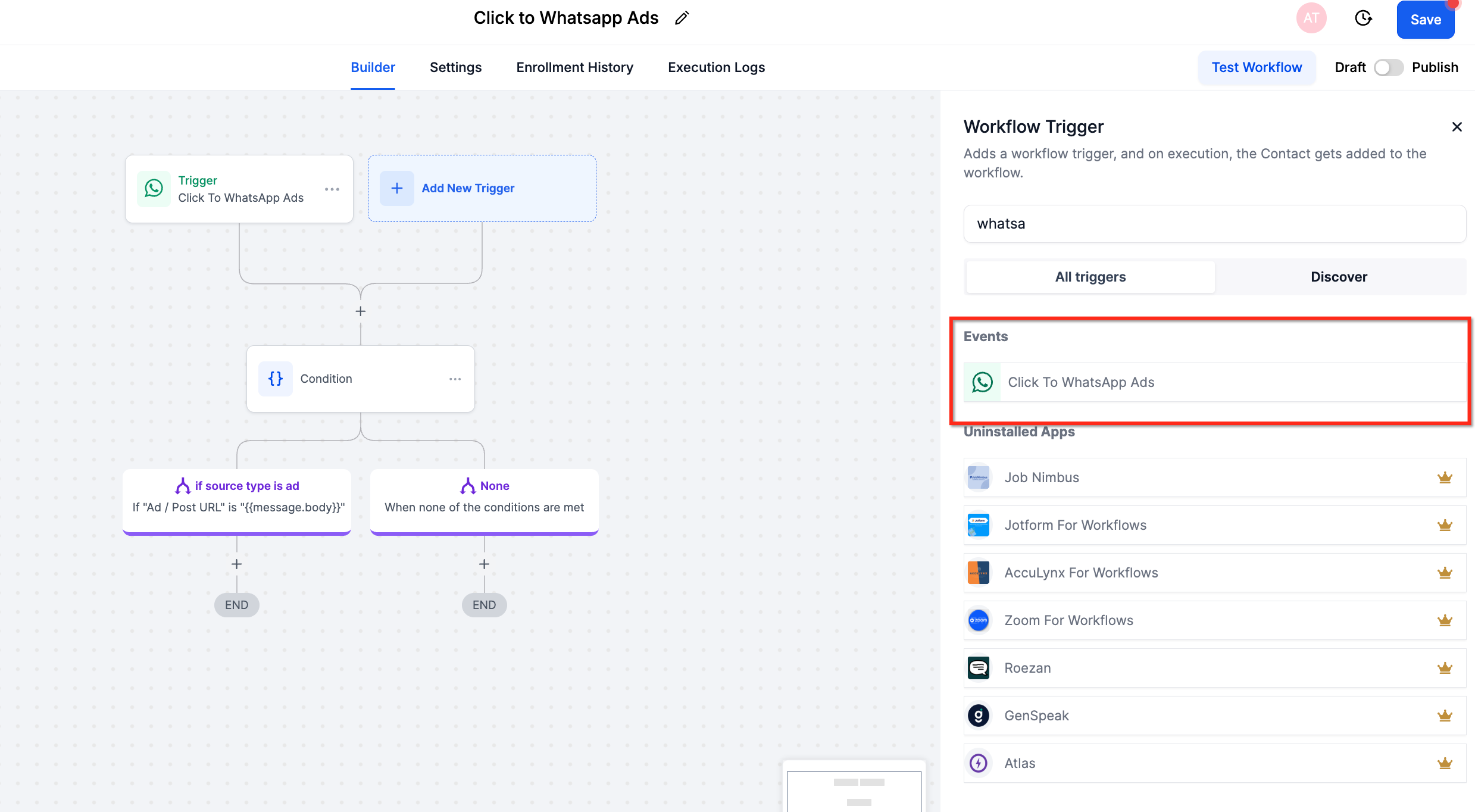 Add new trigger - Click to WhatsApp Ads