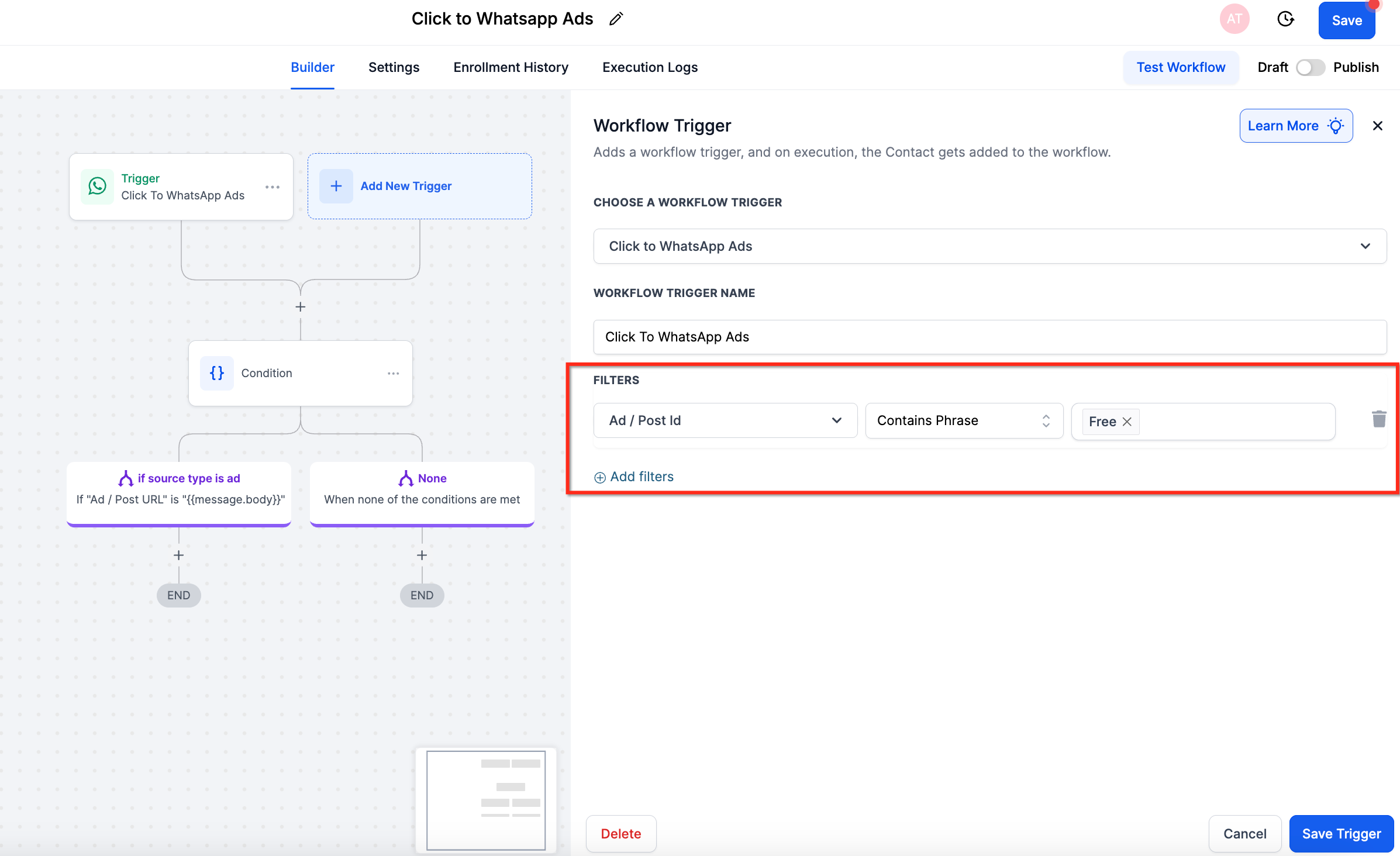 Add filters to workflow trigger