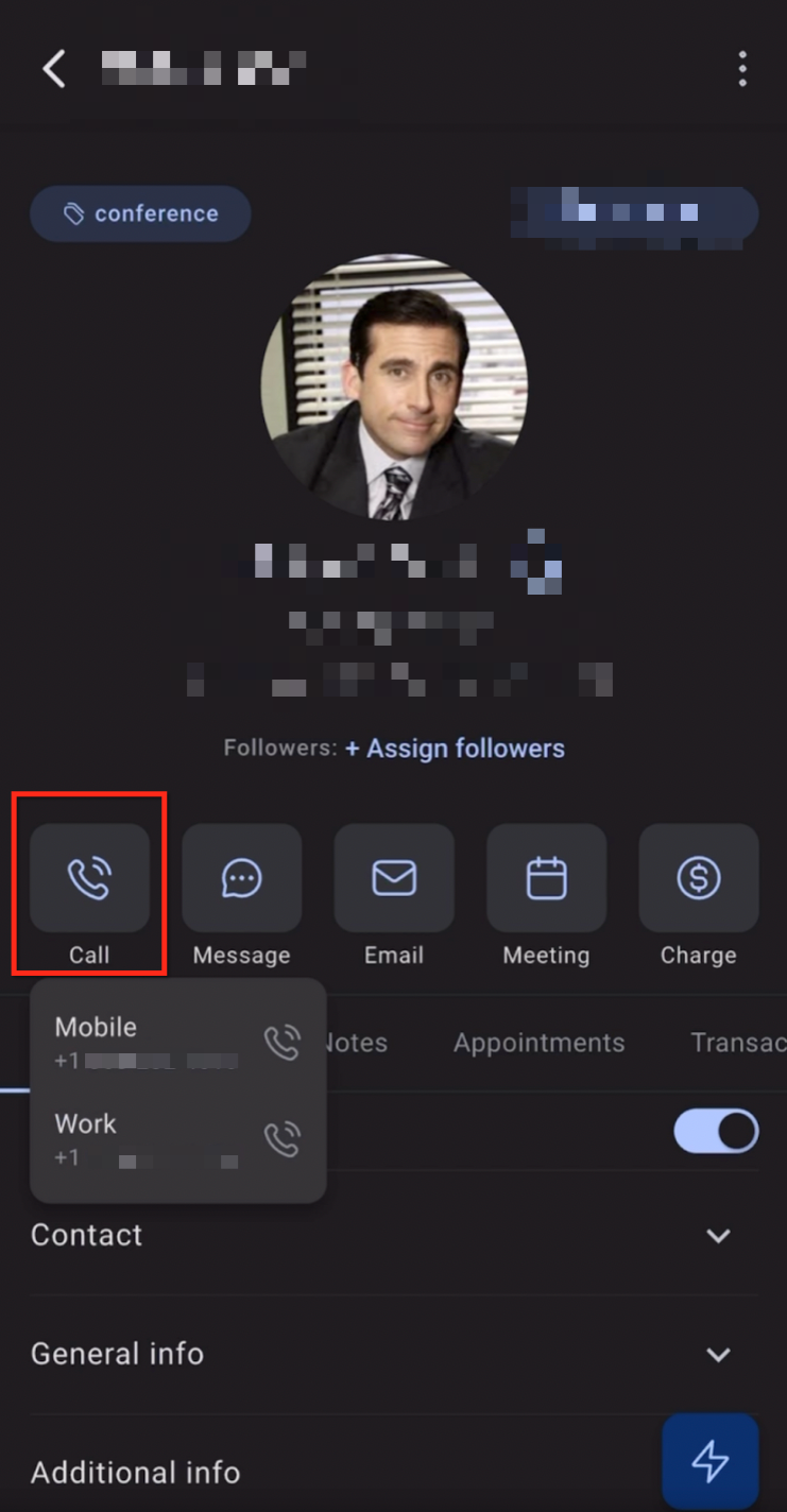 Phone icon displayed next to the contact phone number in the Chat To Clients CRM mobile app