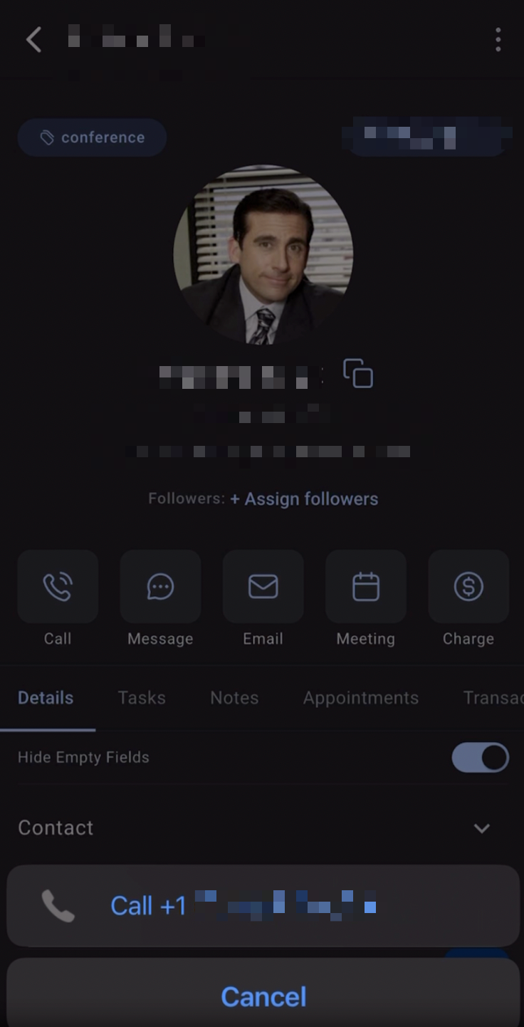 Native mobile dialer opened with the contact phone number pre-filled