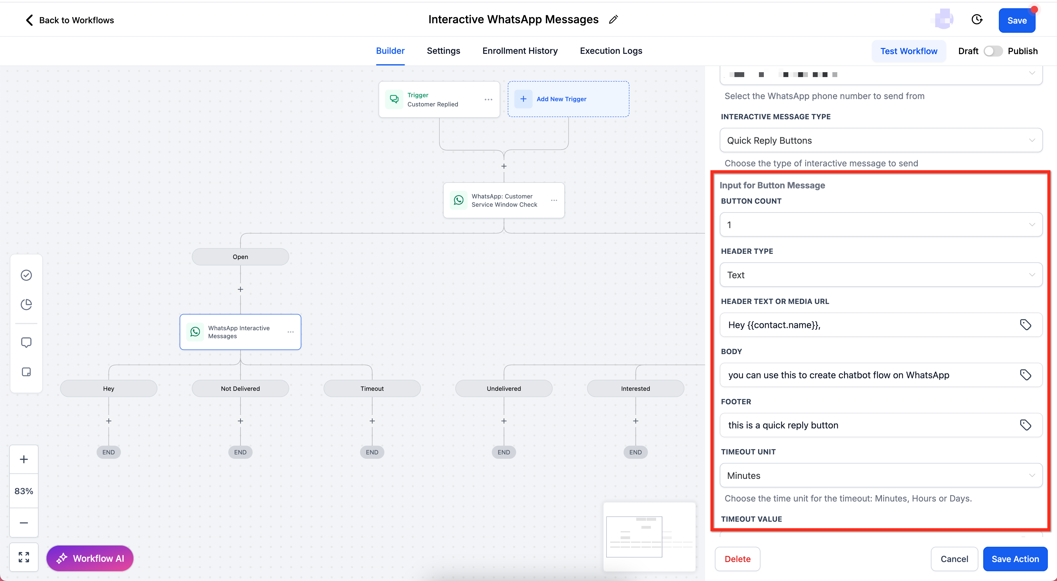 Quick Reply Button fields