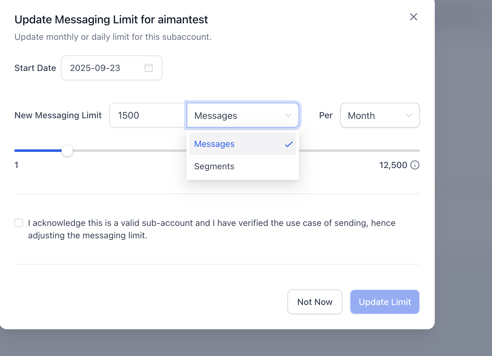 Entering and saving a new sub-account message limit