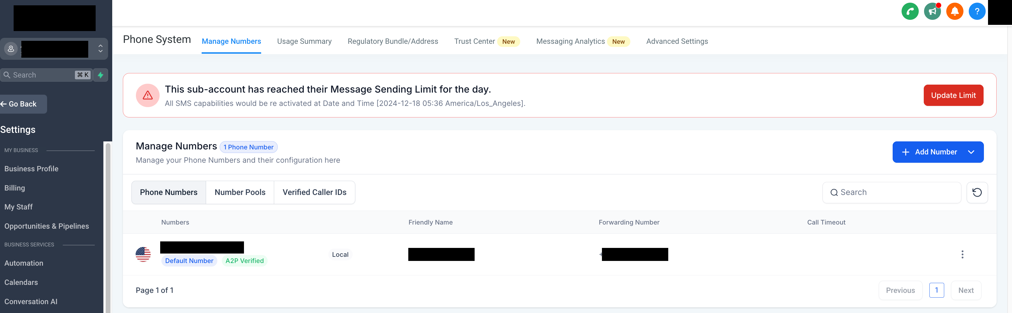 Messaging limit reached banner and email notification
